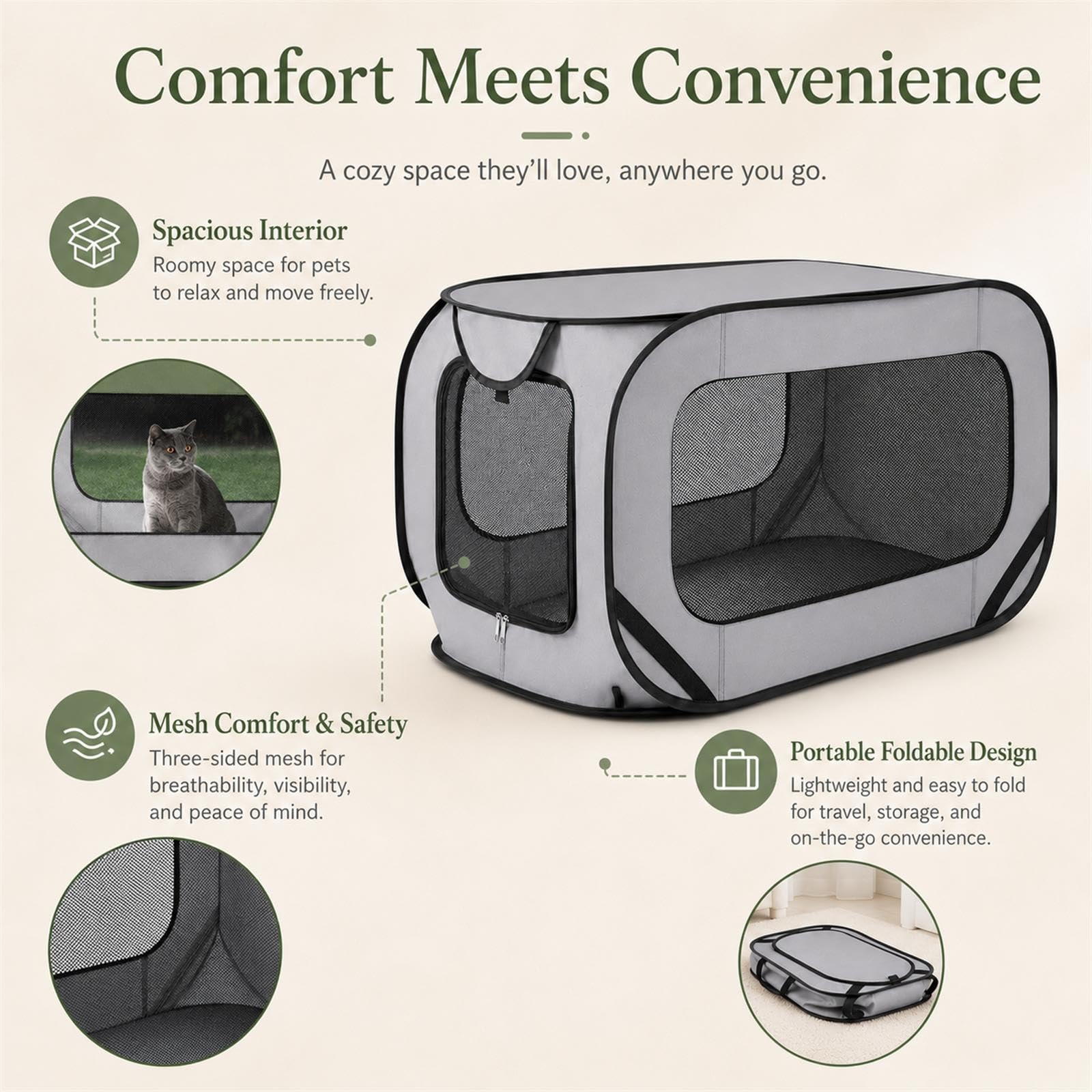 GOOGO Faltbare Hundebox Faltbar, 92×52×52 cm, Oxford Stoff Weiche Hundetransportbox Auto mit Atmungsaktivem Netz und Tragbarem Design, für Zuhause, Camping und Reise, bis 29 kg (Grau)