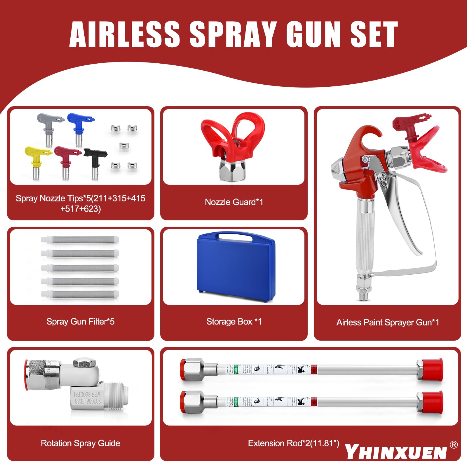 16pcs Airless Kit pistola di verniciatura con pistola di vernice Airless 3600 PSI,1 protezione dell'ugello,5 testine di spruzzo,2 aste di estensione,1 guarnizione rotante, 5 filtri e 1 scatola di