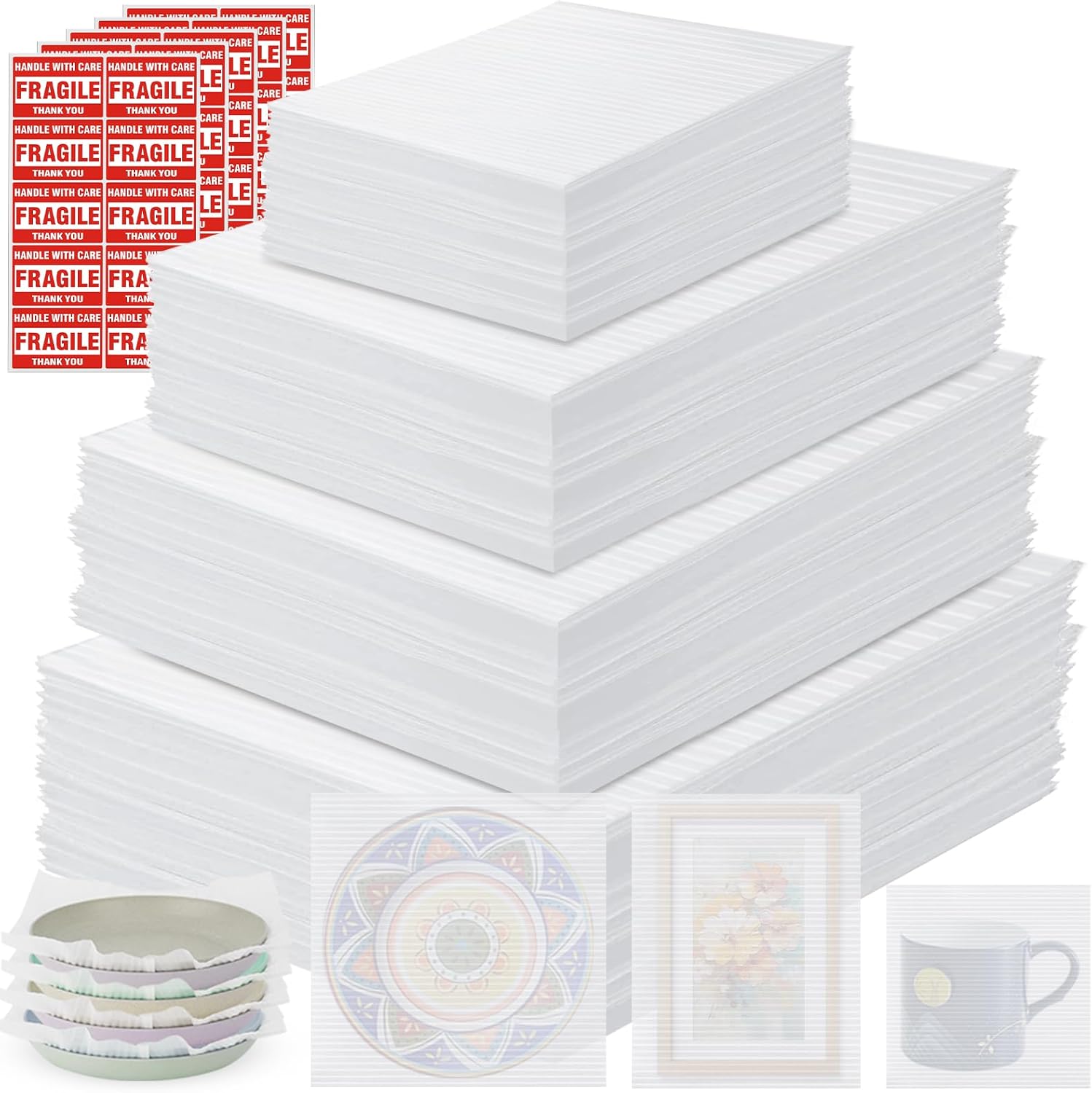 250 Packaging Supplies,200 Pack Foam Pouches and Sheets,3 Sizes(12"x12", 12"x7.5", 7.5"x7.5") with 50 Fragile Stickers,Cushion Foam for Moving,Packing,Transportation,Storage 3 Size Sets