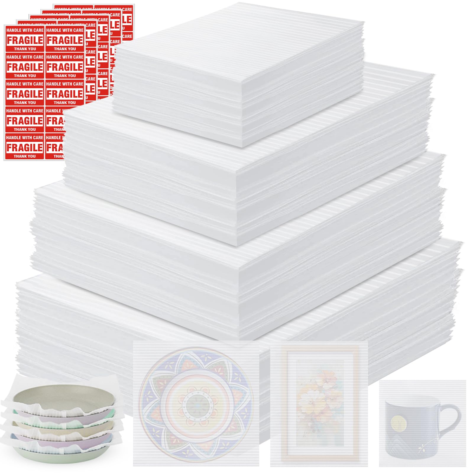 250 Packaging Supplies,200 Pack Foam Pouches and Sheets,3 Sizes(12"x12", 12"x7.5", 7.5"x7.5") with 50 Fragile Stickers,Cushion Foam for Moving,Packing,Transportation,Storage