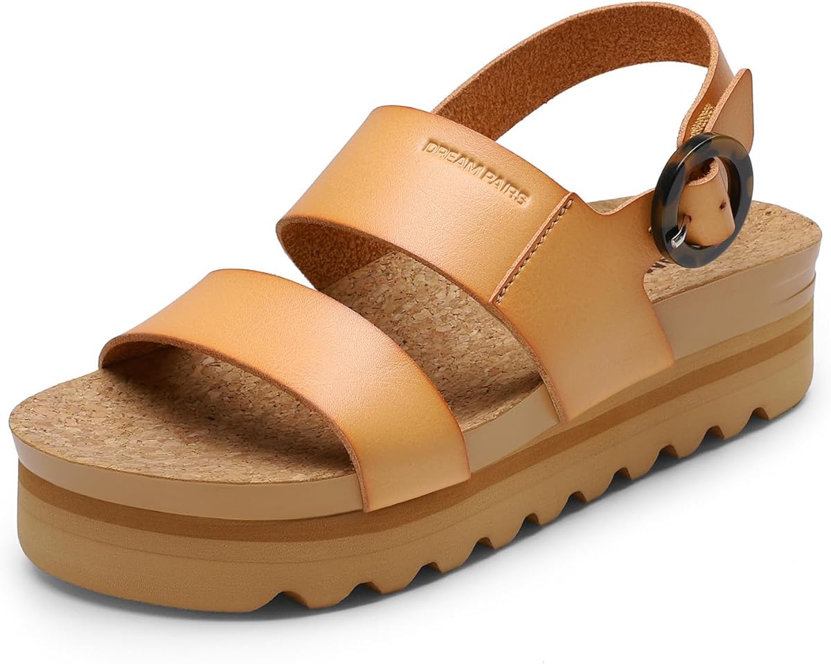 DREAM PAIRS Women's Orthopedic Arch Support Platform Sandals Comfortable Cork Insole Low Wedges Sandals Flatform Summer Dress Shoes Cute Buckle Wedges for Beach