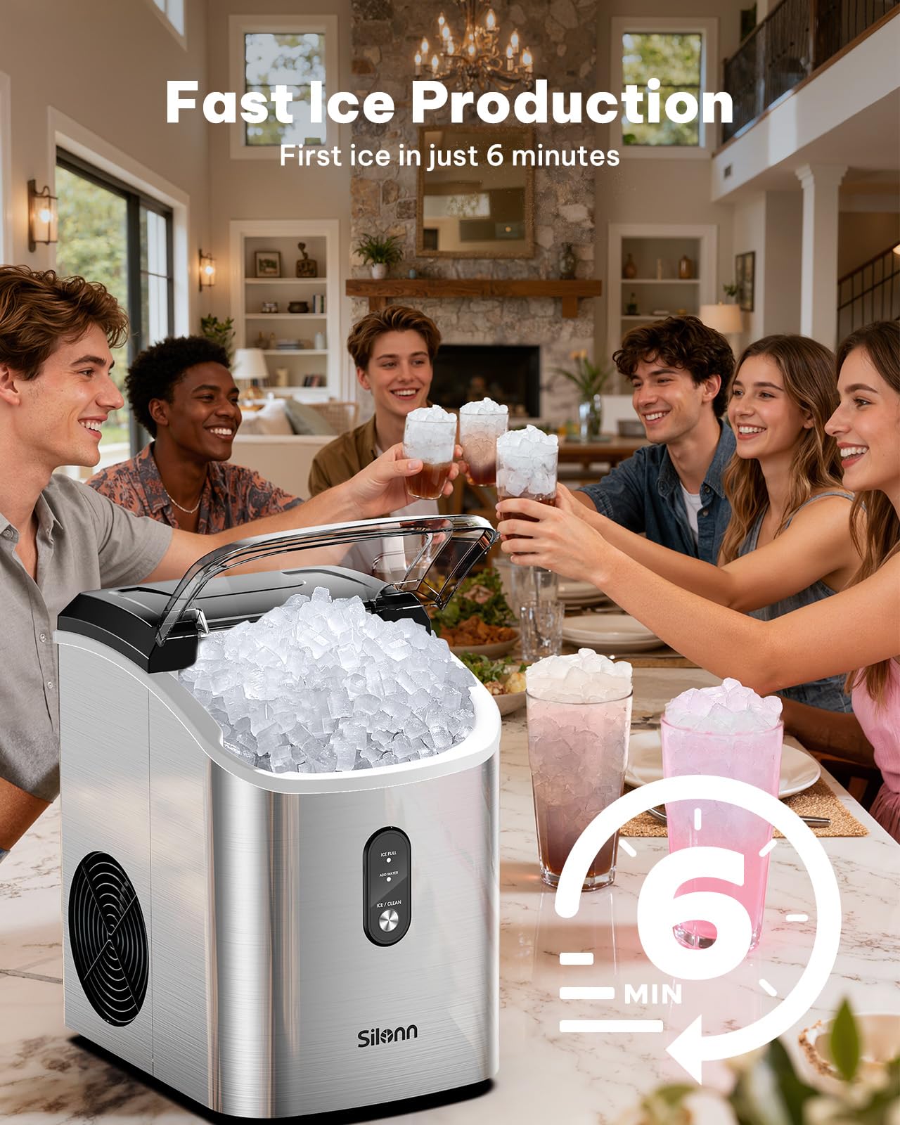 Silonn Nugget Ice Maker Countertop, Pellet Ice Machine With Self-Cleaning Function, Sonic Ice Maker Produces 33lbs Of Chewable Ice In 24 Hours, Ideal For Home Kitchen And Office (Stainless Steel-17t) on Fridge.com - View 5