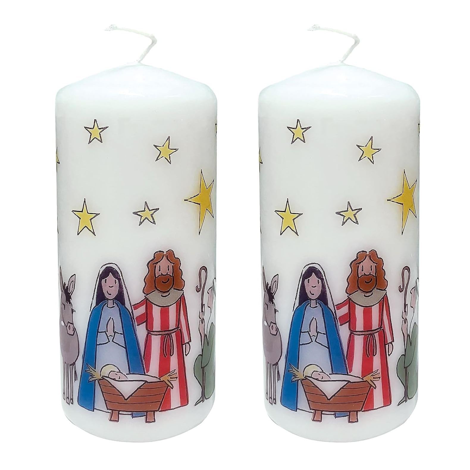 Carousel Home Men's Multicoloured Pack Of 2 The Nativity Christmas Pillar Candles | Decorative Festive Candles With Colourful Wise & Shepherd Crib Scene - 13Cm