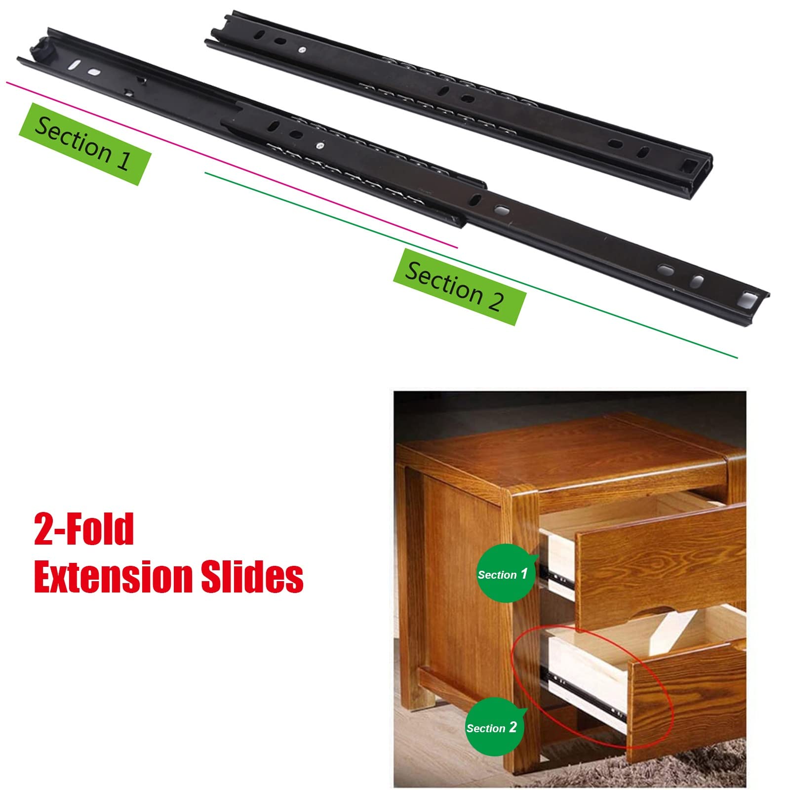 Cajón deslizante. 4 guías con rodamientos de bolas de 2 secciones de 10, 16 y 20 pulgadas, soporte resistente de 35 kg, montaje lateral for gabinete, cocina, teclado, guías for estantes (Color : Blac