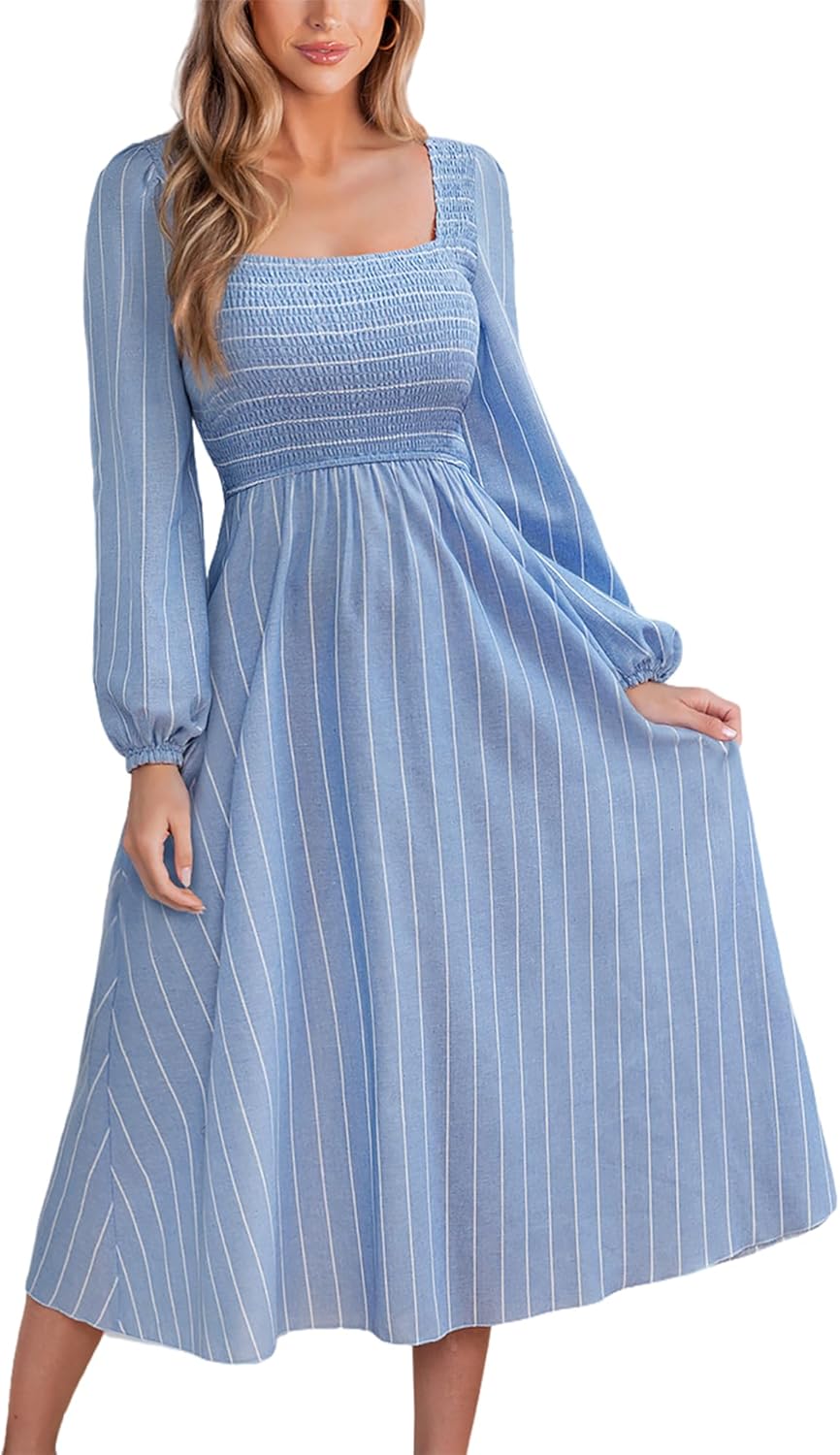 CUPSHE Women's Fall Dresses Long Sleeves Square Neck Striped Casual Outfits Smocked A Line Ruffled Flowy Midi Formal Dress