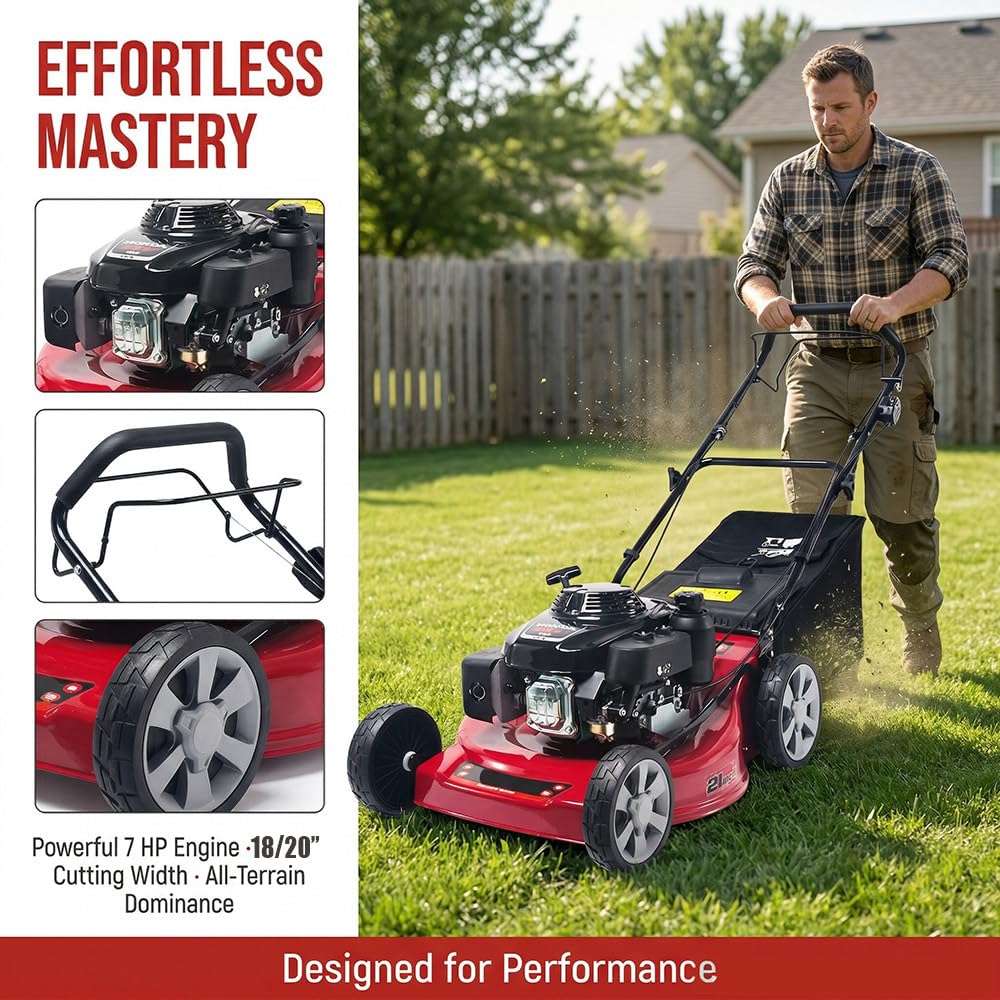 Cortacésped Autopropulsado De Gasolina De 18/20",Con Función De Mulch/Recogida En Bolsa/Descarga Lateral,Motor De 4 Tiempos De 173Cc,Bolsa Recolectora De Césped,7 Niveles De Ajuste De Altura 18in
