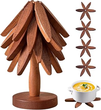 Wooden Trivets for Hot Dishes,Tree Shape Trivet Set, 4 Wooden Trivets+1 Stand, Natural Foldable Kitchen Wooden Trivet for Hot Dishes, Pot, Bowl, Teapot, Hot Pot Holders Black Walnut