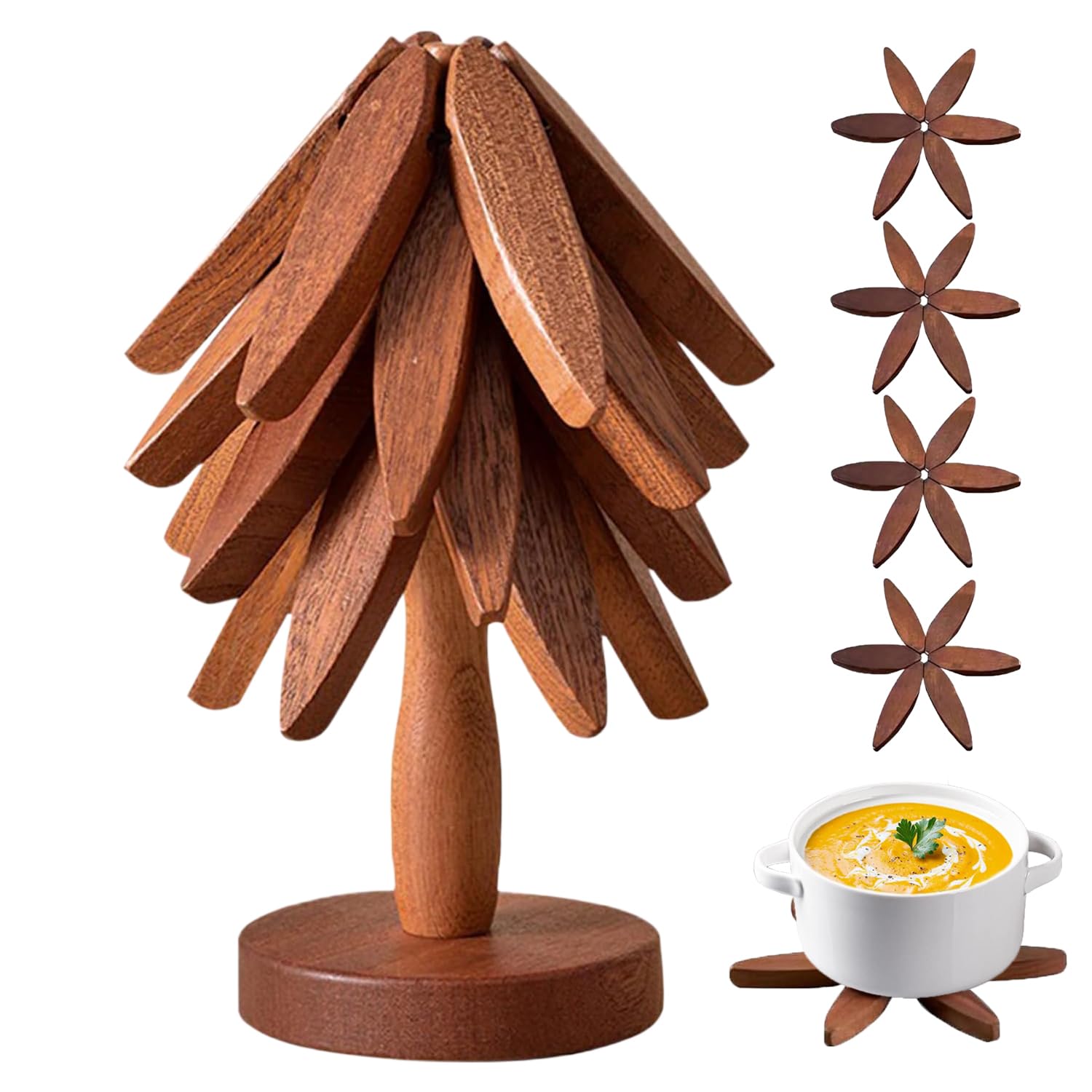 ROXANEPIG Wooden Trivets for Hot Dishes,Tree Shape Trivet Set, 4 Wooden Trivets+1 Stand, Natural Foldable Kitchen Wooden Trivet for Hot Dishes, Pot, Bowl, Teapot, Hot Pot Holders (Black Walnut)