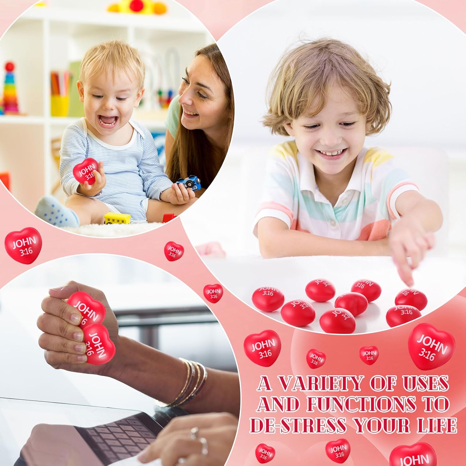 Zubebe 48 Pcs Christian Heart Stress Balls Bulk, John 3: 16 Jesus Loves You Foam Squeeze Balls, Religious Gifts for Sunday School Church Baptism First Communion Easter Vbs Party Favors (Red)