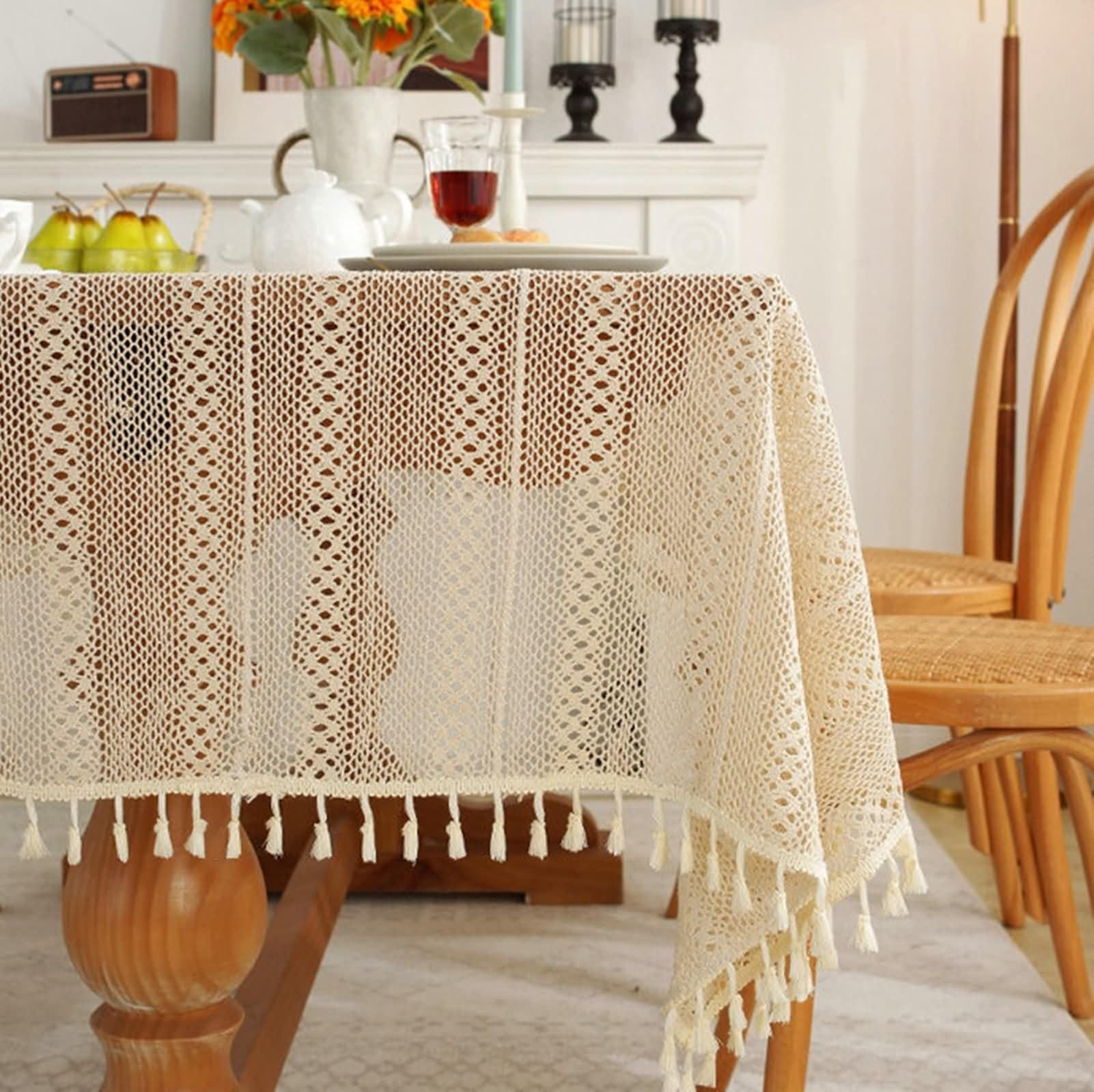 Manteles Mesa Rectángulo Antimanchas 140 W x 200 L CM,Mantel de Mesa Terraza Beige Amarillo Encaje Hueco con Borlas Poliéster Algodón Mantel para Mesa de Salon