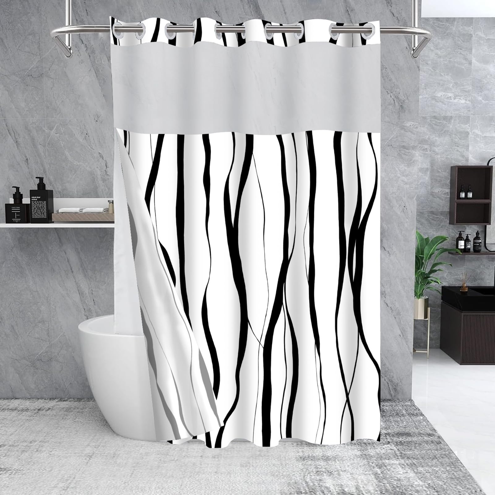 SSCRCUSLY 71x84 Inches, No Hook Shower Curtain with Snap in Liner Set, White Hotel Style with Black Striped Design