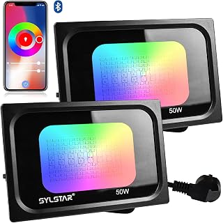 SYLSTAR 2 Pack RGB+CW LED Strahler Außen, 50W Smart LED Fluter Bluetooth APP Steuerung, 5000LM IP65 Wasserdicht Spotlicht für draußen mit 16 Millionen Farben, Dimmbar, Timing, Gruppierung, Musik Sync