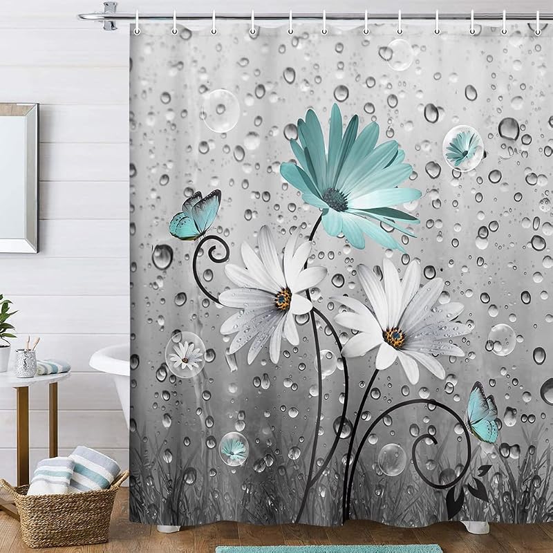 Cortina de ducha rústica con flores de color verde azulado y flores de margaritas y mariposas para baño, juego de cortina de ducha bohemia de tela gris turquesa con 12 ganchos, 70 x 70 pulgadas