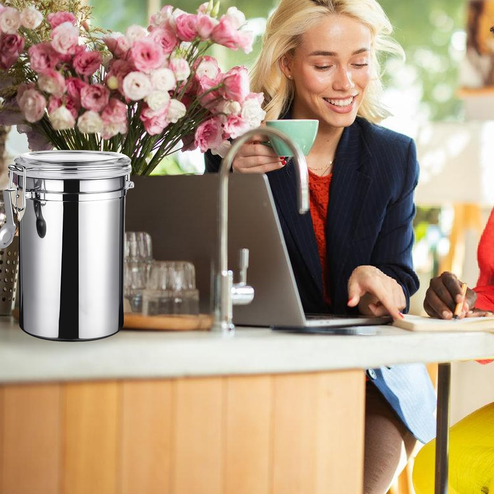 2Pcs Premium Barattolo per caffè: 1,1L Barattolo per caffè ermetico con coperchio, barattolo in acciaio inox per la conservazione, contenitore ermetico con chiusura ermetica al gusto e aroma