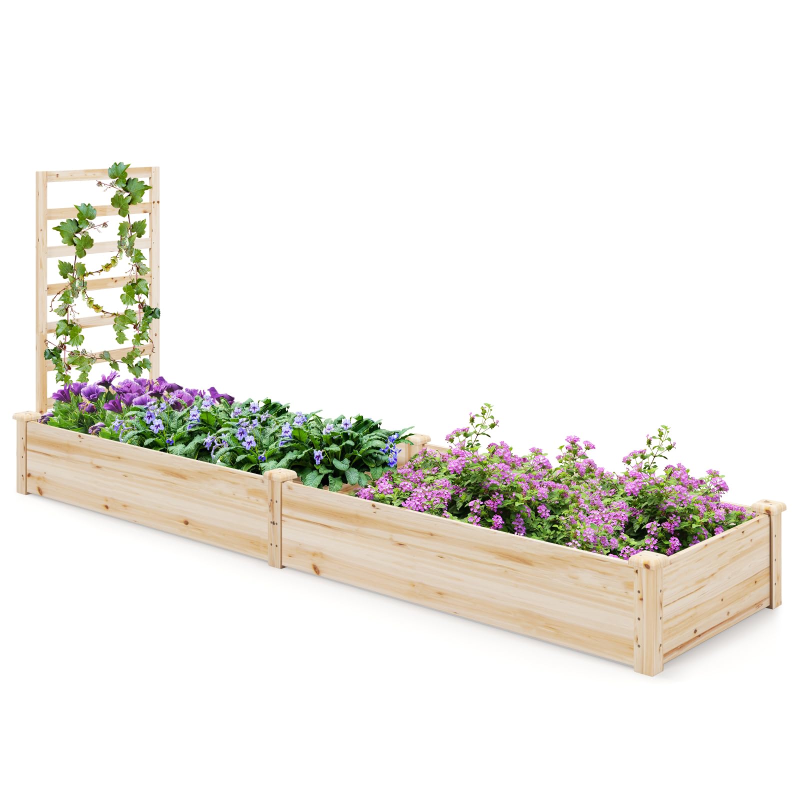 COSTWAY Fioriera da Esterno e Traliccio, Letto Rialzato in Legno per Fiori, Erbe, Verdure, Frutta e Viti Rampicanti, Aiuola Elevata da Giardino con Spalliera, 235CM x 63CM x 102CM (Naturale)