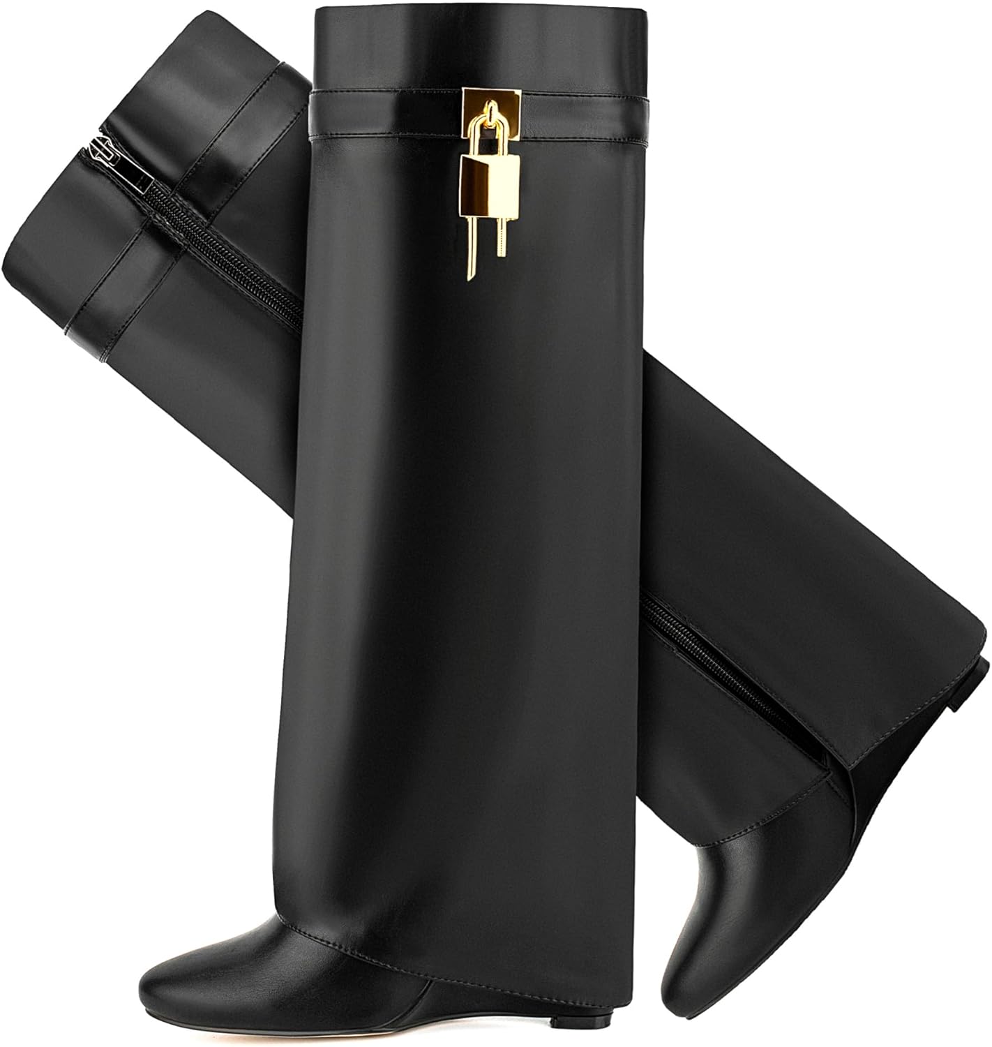 Fold Over Boots for Women Pointy Pull-on Wedge Heel Knee Shark Boot With Side Zipper Padlock Design