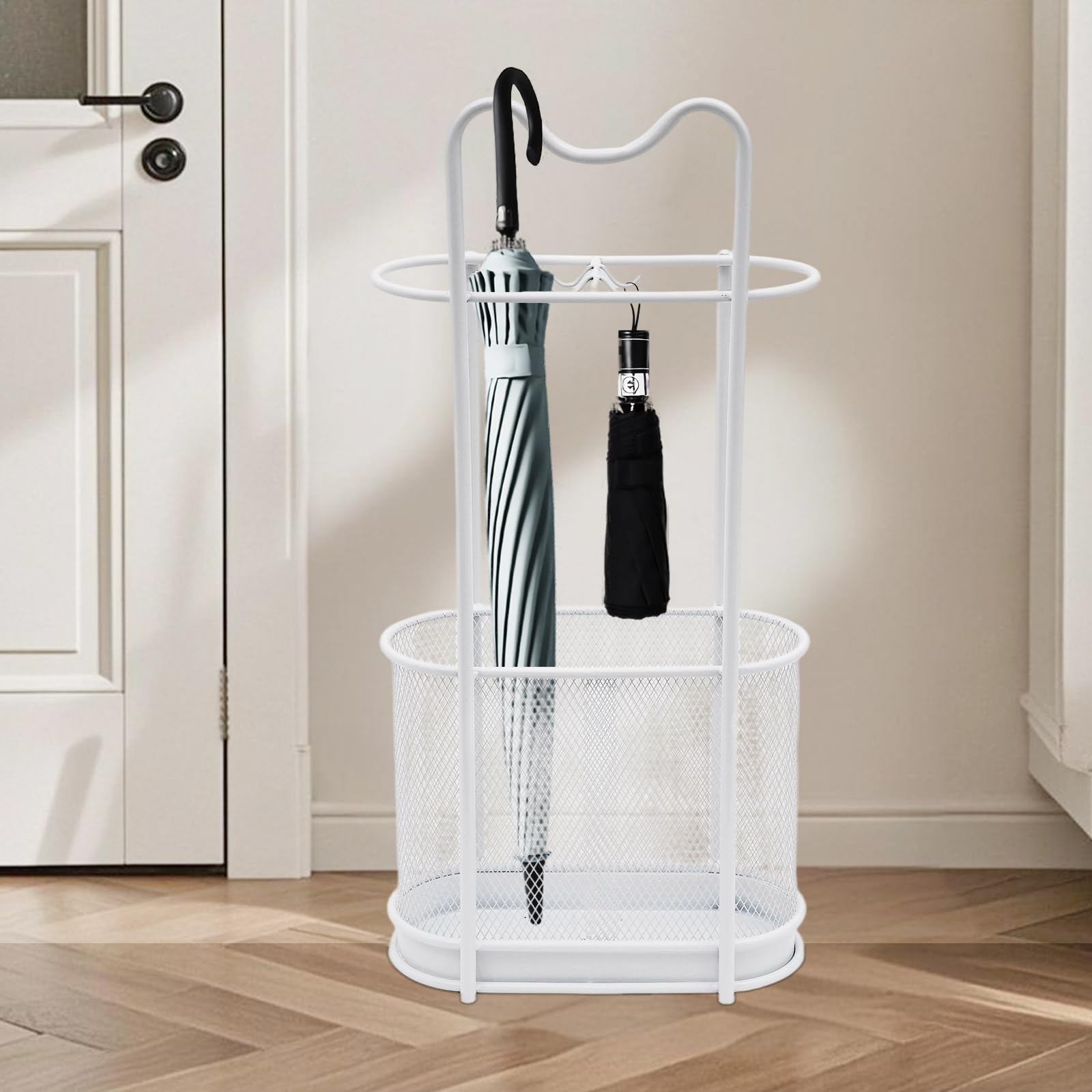 Paragüero de metal, soporte para sombrilla moderno con gancho y bandeja de goteo, organizador de bastones, 30 x 15 x 60 cm (blanco)