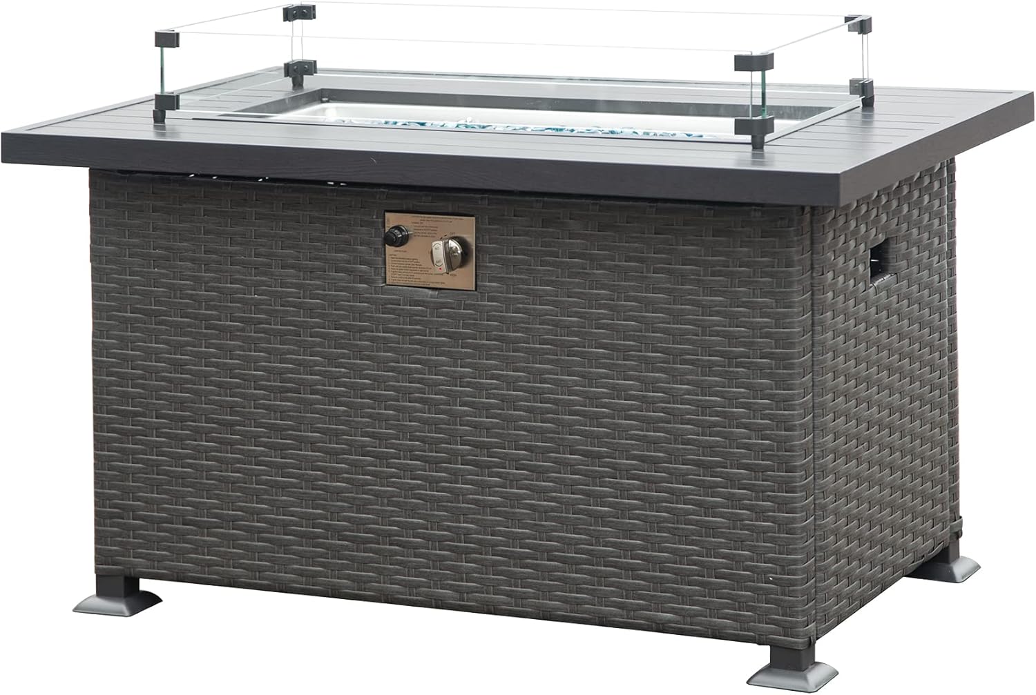 Domi 43in Propane Fire Pit, 50,000 BTU Gas Fire Pit Table with Lid, Glass Rocks, ETL Certification, Classic Firepit with Rattan Wicker Base and Wood Look Tabletop Drak Gray