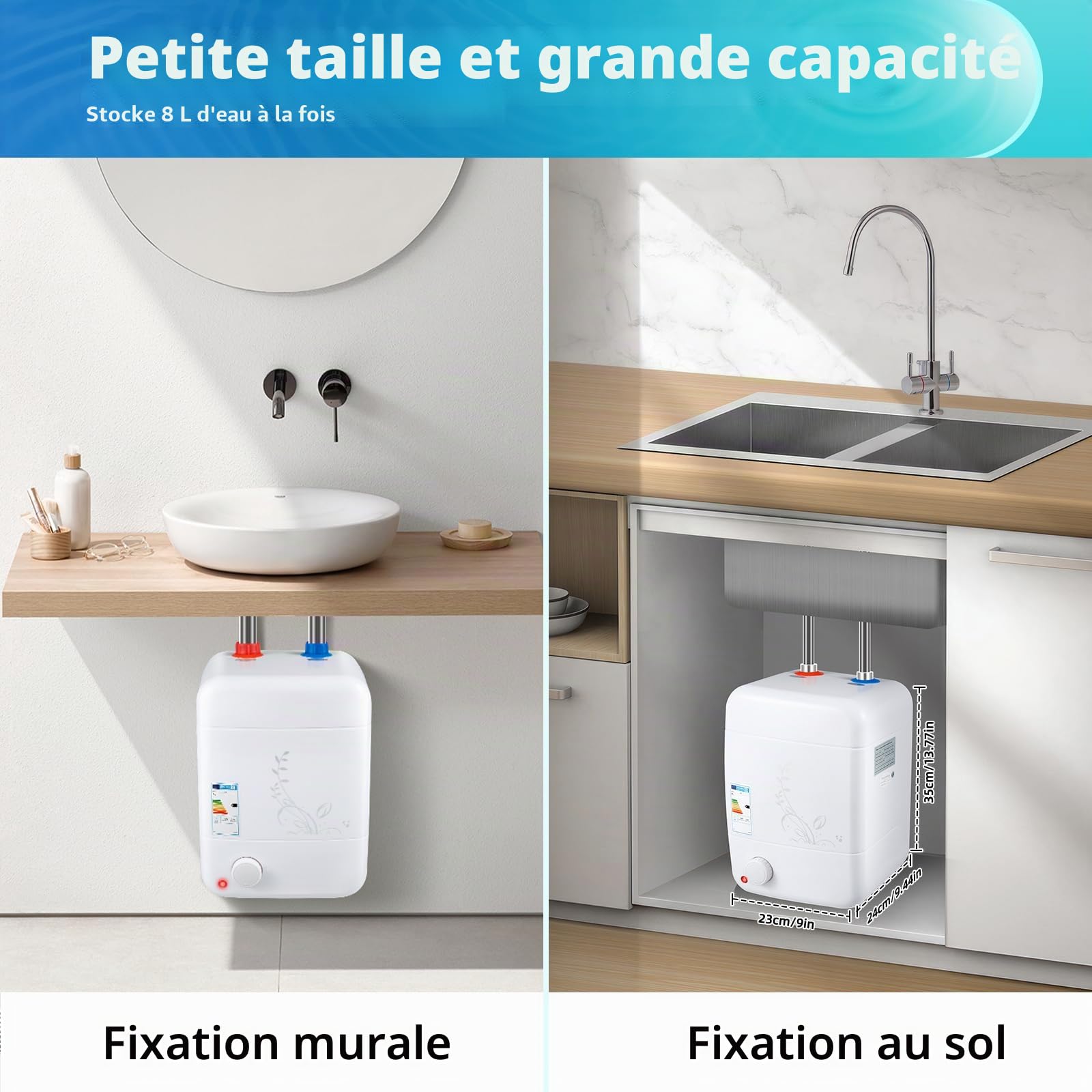 Chauffe-eau électrique résistant à la pression, 1500W, chauffe-eau sans réservoir mini pour cuisine, WC des invités, basse pression [Classe énergétique B]