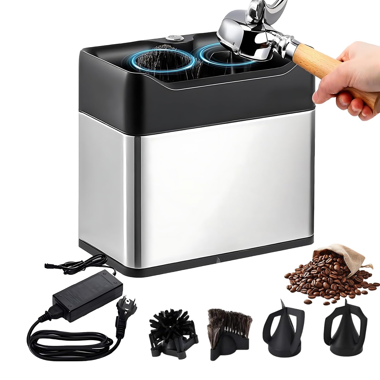 Máquina de Limpieza Automática para Portafiltros con Doble Cabezal de Cepillo, Raspador Espresso 51mm 58mm, Gran Contenedor de Residuos Comercial(Silver)
