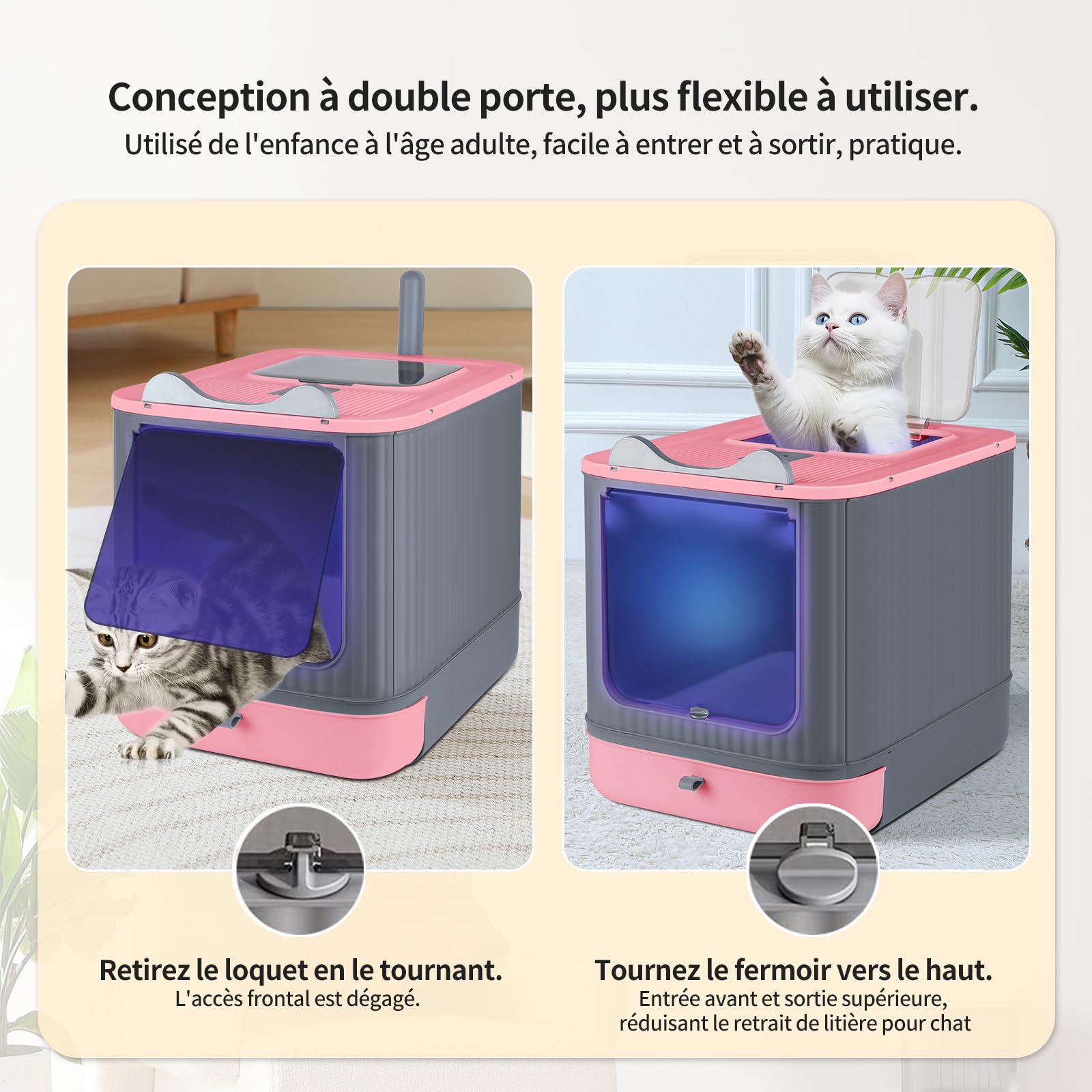 Bac à litière pour chat avec pelle, bac auto-nettoyant, désinfection UV, bac anti-fuite, fond anti-fuite (rose + gris)