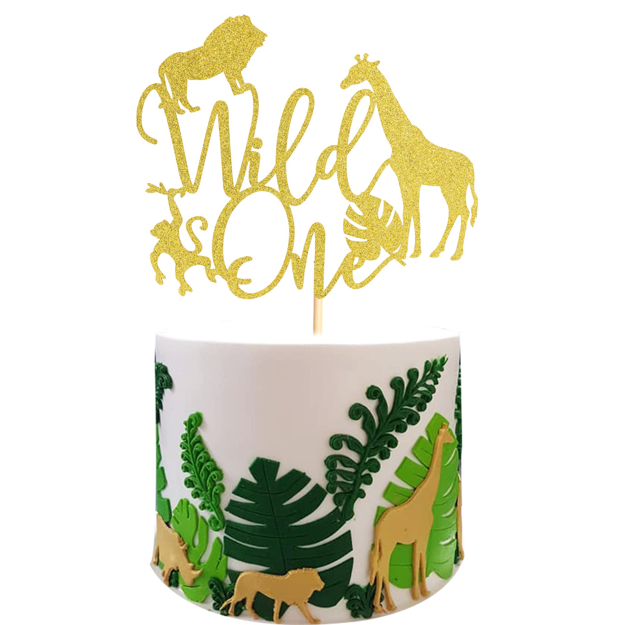 Arthsdite Wild One Birthday Cake Topper - Real Wild Child First Birthday - Jungle Safari Animals Giraffe Lion Monkey Leaf Cake Decor Party Decoration - Gold Glitter
