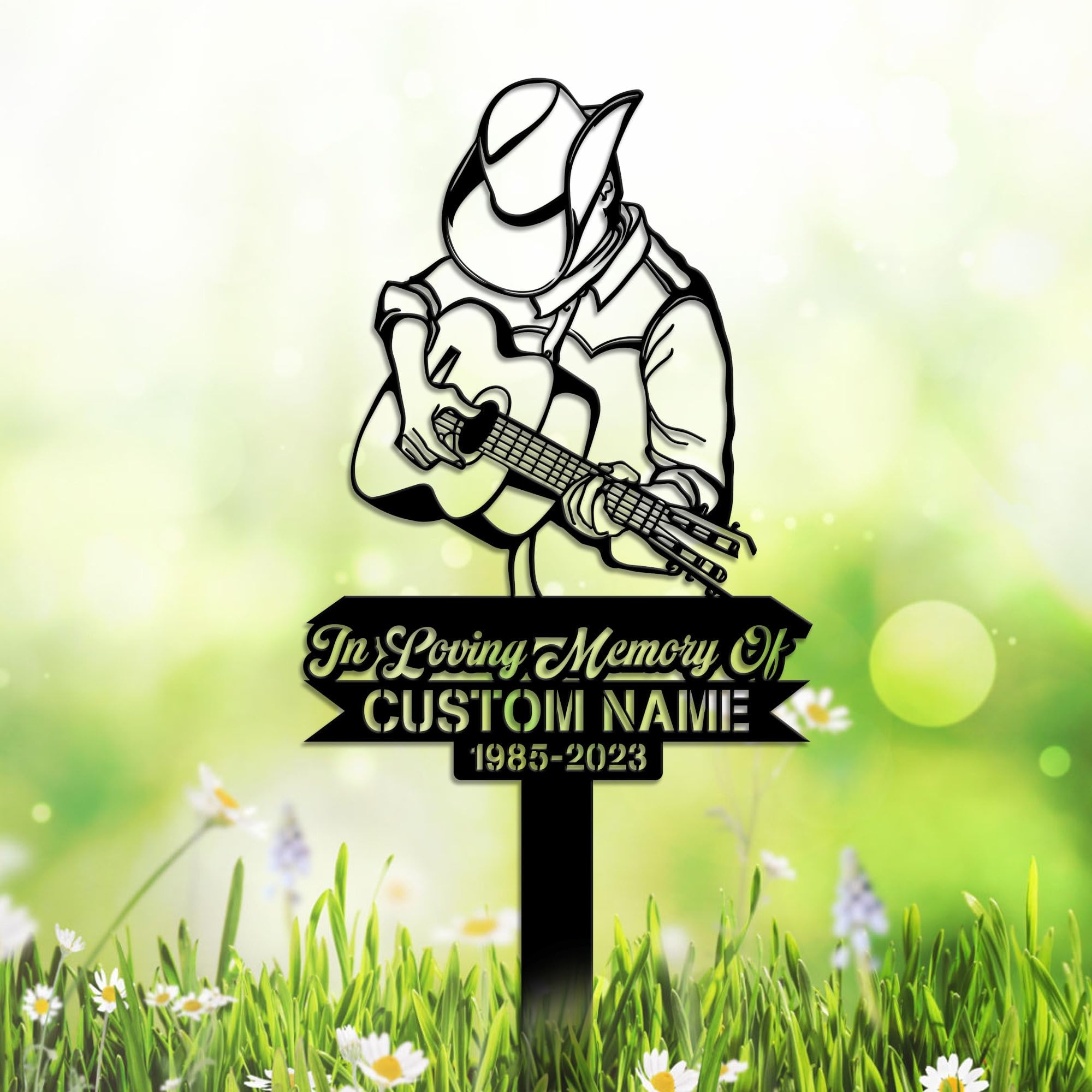Weiyaliy Multi Custom Man Playing Guitar Memorial Stake Guitarist Metal Plaque Cowboy With Guitar Tribute Sympathy Sign Grave Marker Remembrance Stakes Musician Gift Memorial Decor Engraved Plate