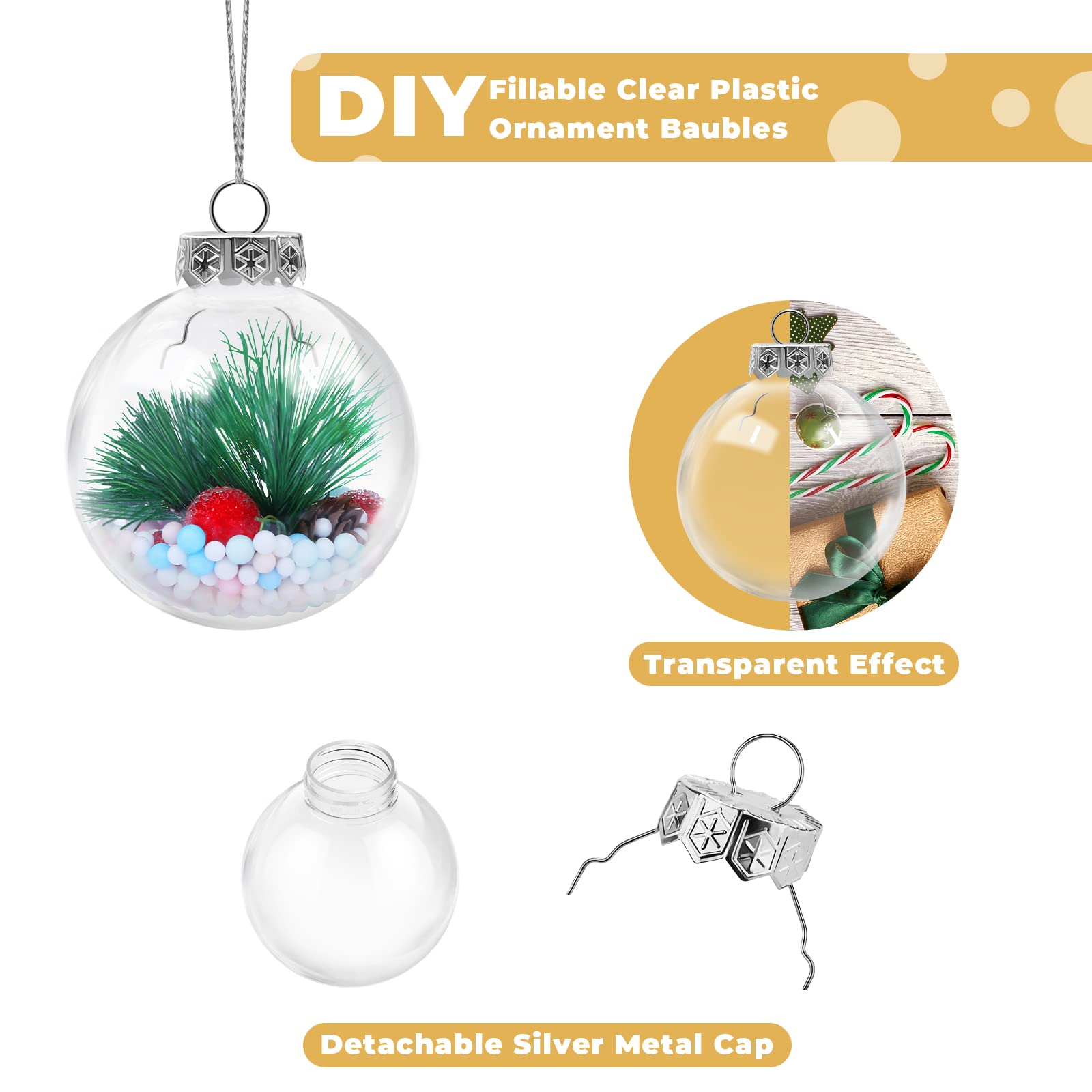Aodaer 24 Pieces 2.36 Inch Christmas Clear Plastic Fillable Ornament Balls with Lid and Rope Transparent Christmas Decoration Baubles for Xmas Tree Home Decor Party Wedding, 60 mm