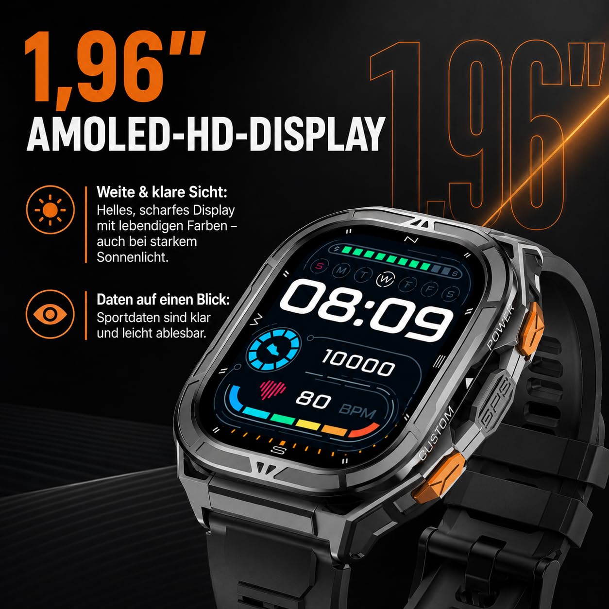 Thor 3.0 - Smartwatch Sportuhr Mit 1,96 Zoll AMOLED Display 5ATM Wasserdicht 100+ Trainingsmodi Herzfrequenzmessung Schlafanalyse SOS Funktion Für Männer Und Frauen (Schwarz)