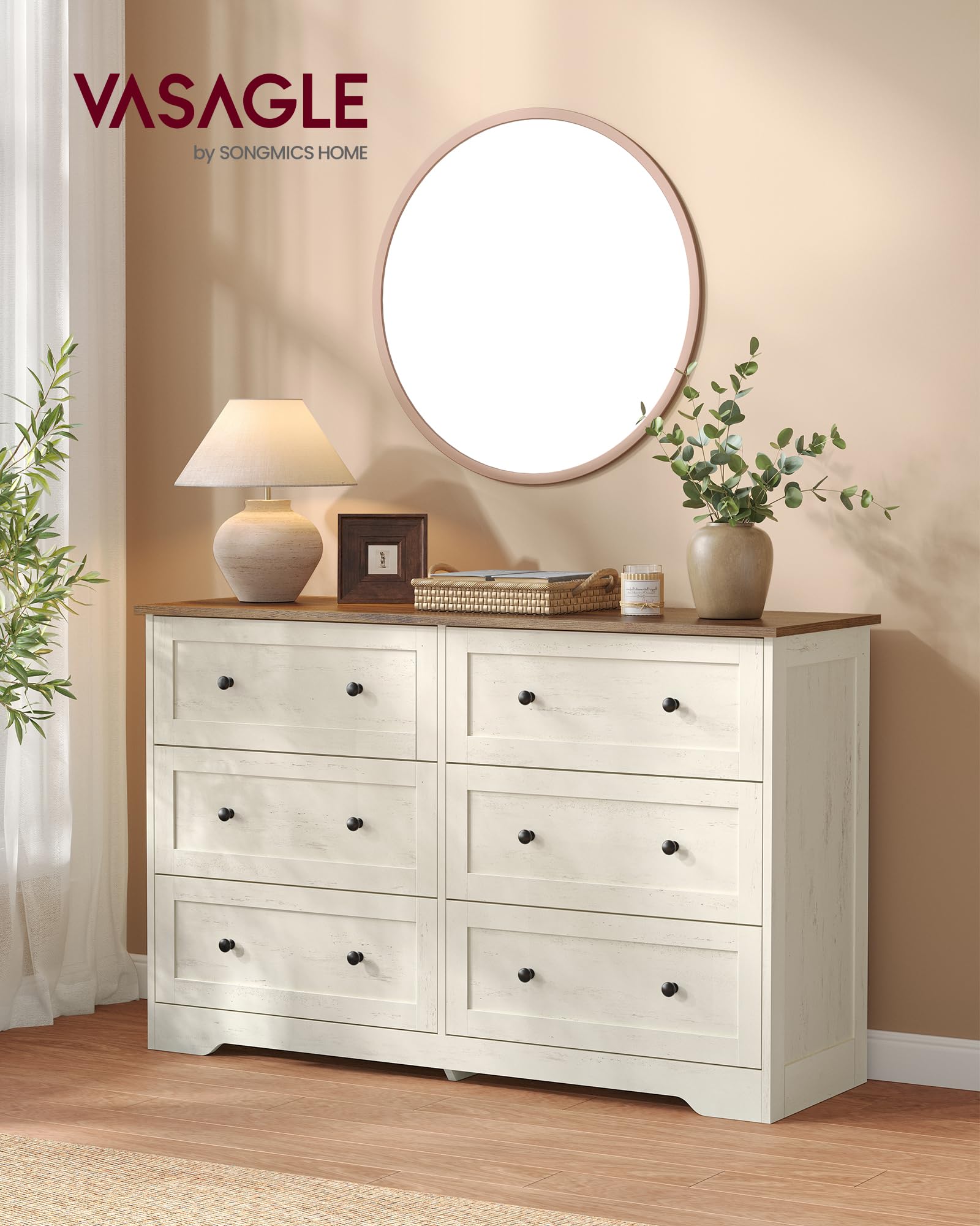 VASAGLE Kommode mit 6 Schubladen, Aufbewahrungsschrank aus Holzspanplatte und MDF, 120 x 40 x 78 cm, Weiß, Landhausstil, für Schlafzimmer, Flur, Siren Kollektion LTS663WJ01