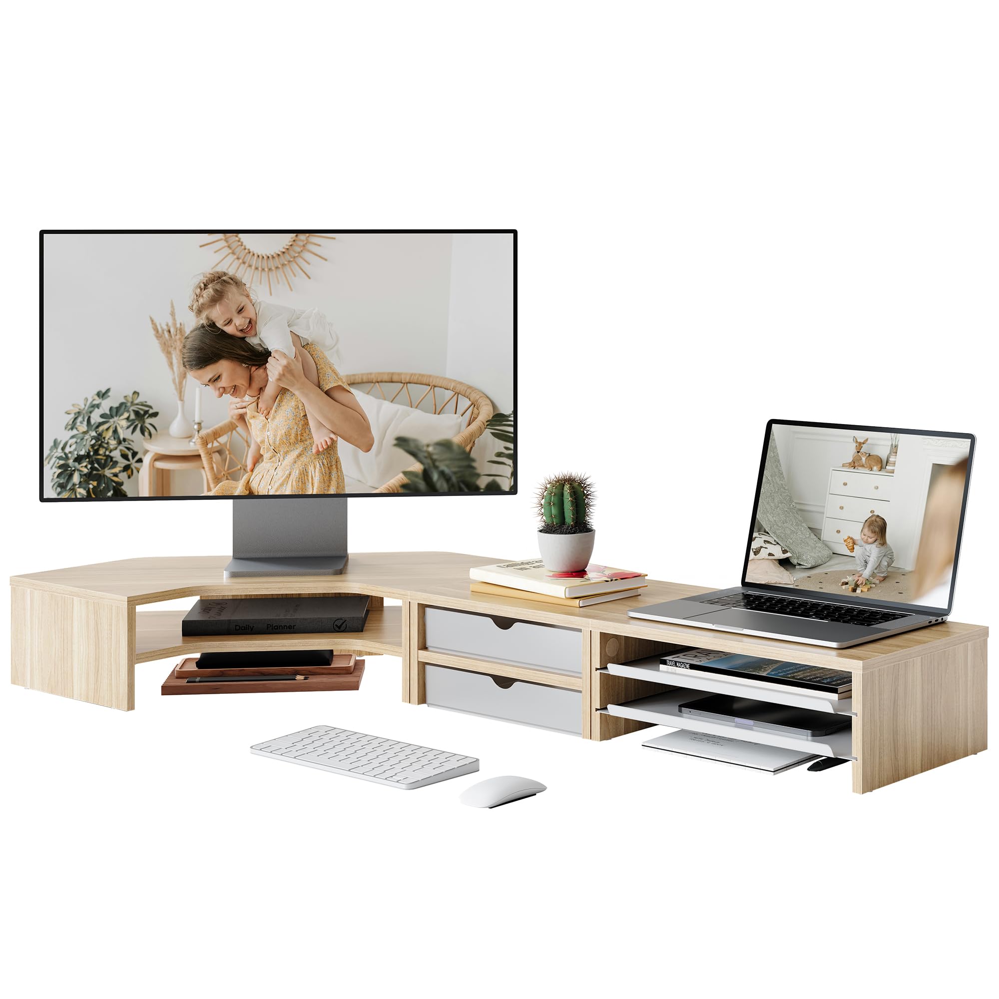 Fenge Monitorständer 3 in 1, Dual Monitor Stand mit Schublade und Ausziehbarem Tablett, L-Förmiger Eck Bildschirmerhöhung, Frei Kombinierbar, Für Home Office, PC, Laptop, Drucker, TV (Eiche)