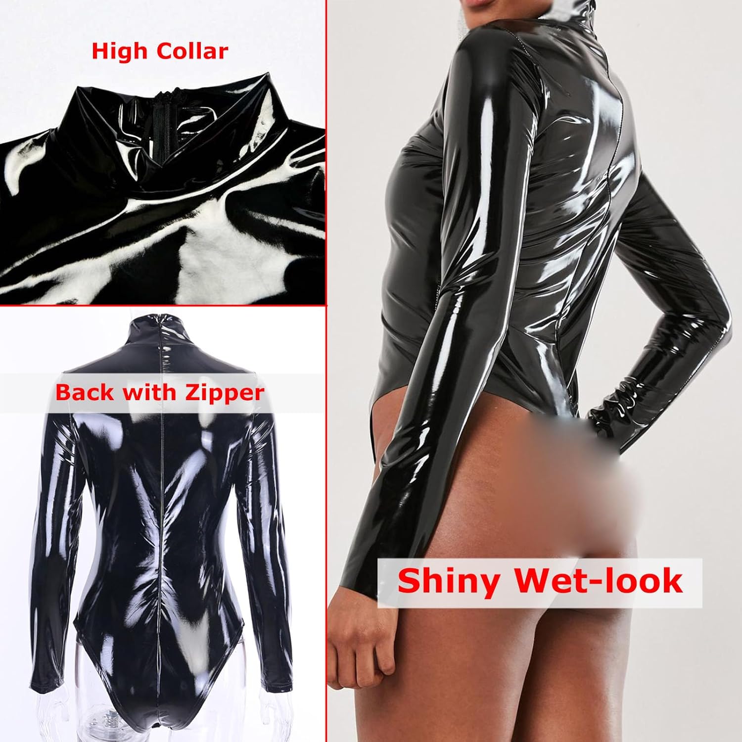 LESOYA Women's Sexy Wetlook PVC Leather High Neck Long Sleeve High Cut Thong Leotard Bodysuit Catsuit