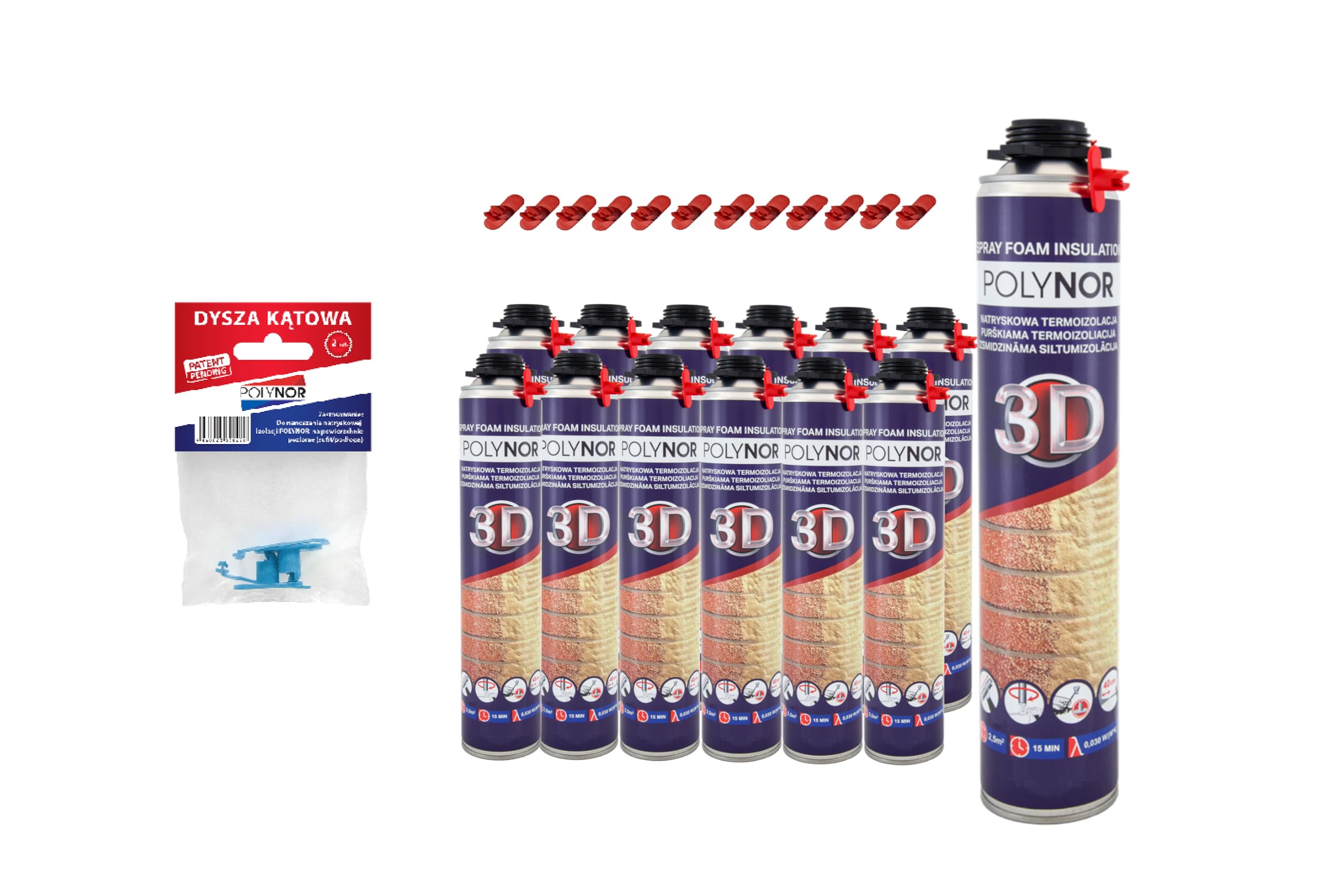 POLYNOR 3D Zestaw do izolacji natryskowej XXL - 12x850ml + akcesoria | natryskowa izolacja termiczna, poliuretanowa, ociepleniowa, izolacja ścian, pianka montażowa PUR 500ml, dysze kątowe