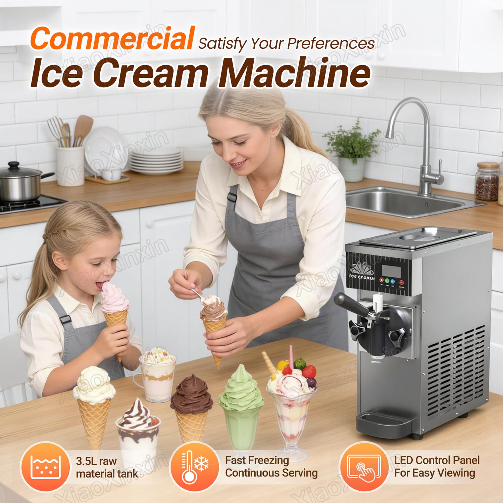Macchina Professionale per Gelato, Macchina per Gelato Soft a Gusto Singolo da 450 W, Produzione 4–5 L/h, tramoggia da 2,5 L, Touchscreen, Pulizia Automatica e Pre-Raffreddamento White