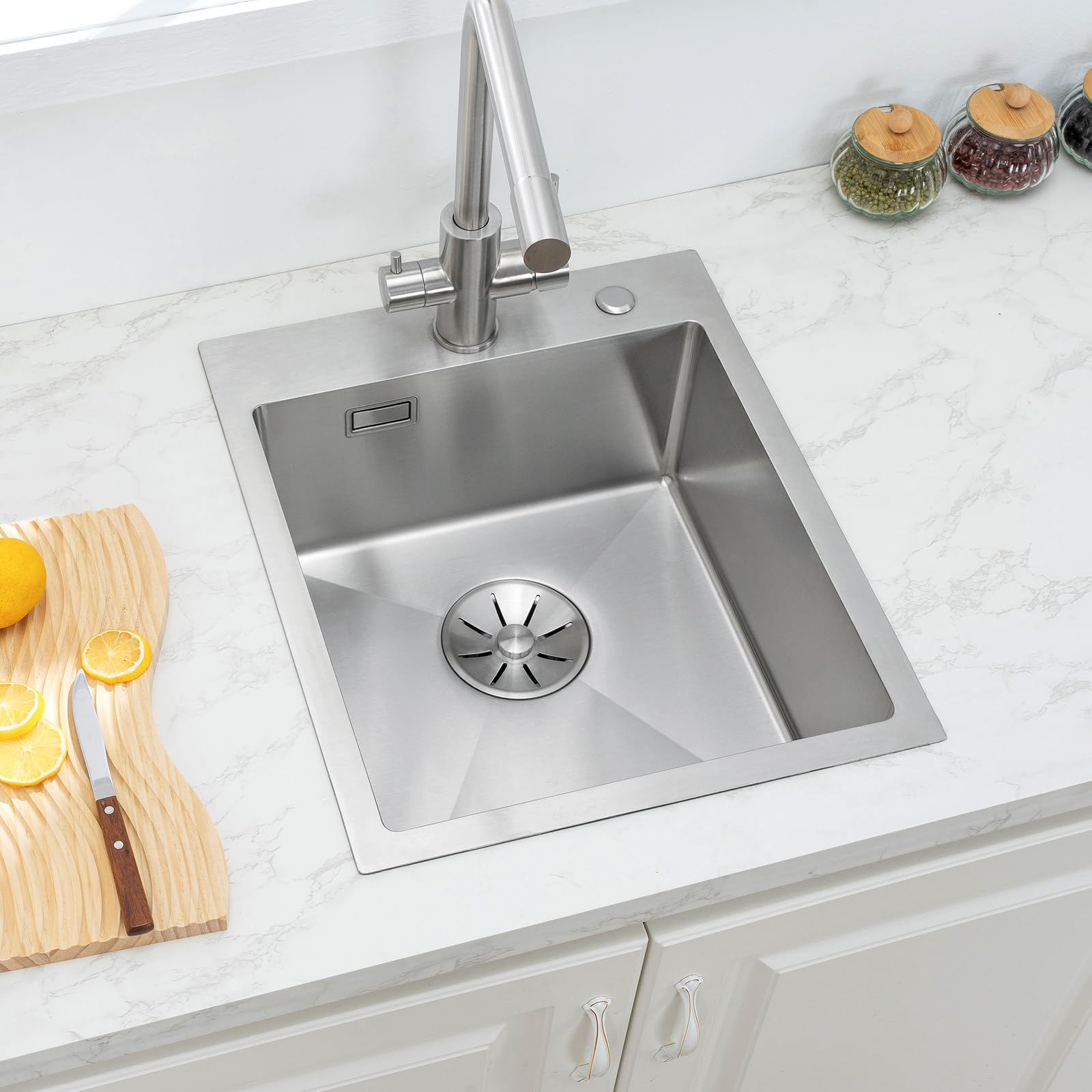 Sofetiy Fregadero Cocina 1 Seno 40x48cm, Fregadero Pequeño de Acero Inoxidable, Fregadero sobre Encimera con Nuevo Sifón y Rebosadero, para a Partir de 40cm Mueble, Lava Loicas Cozinha