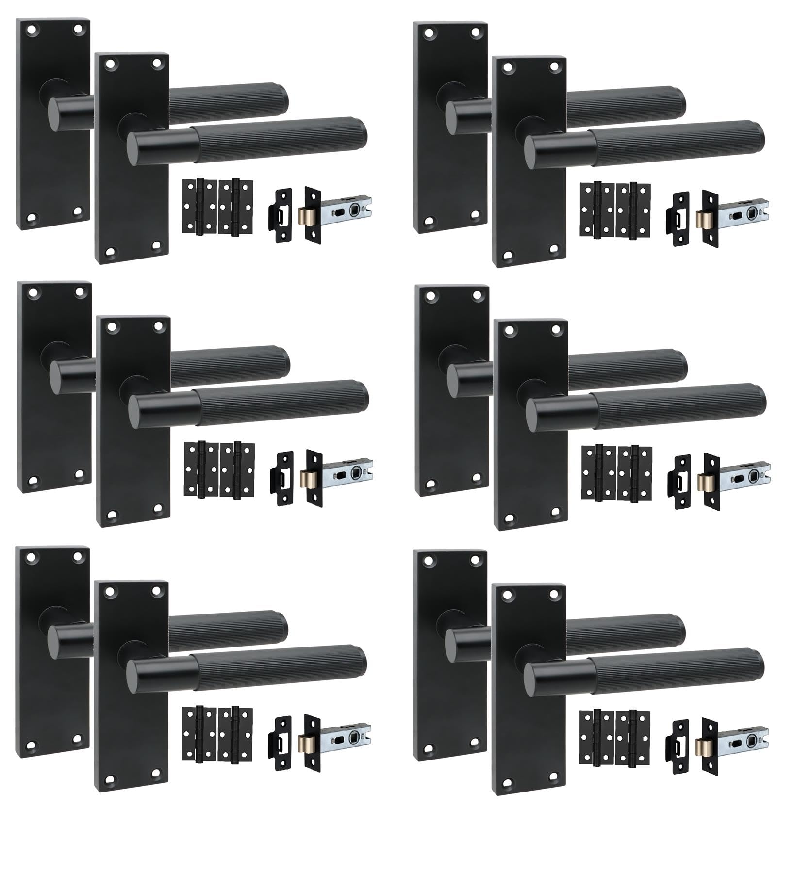 Golden Grace 6 Pair Victorian T-Bar Linear Internal Door Handle Sets Matt Black 120 x 40mm with 2.5" Latch & Hinges