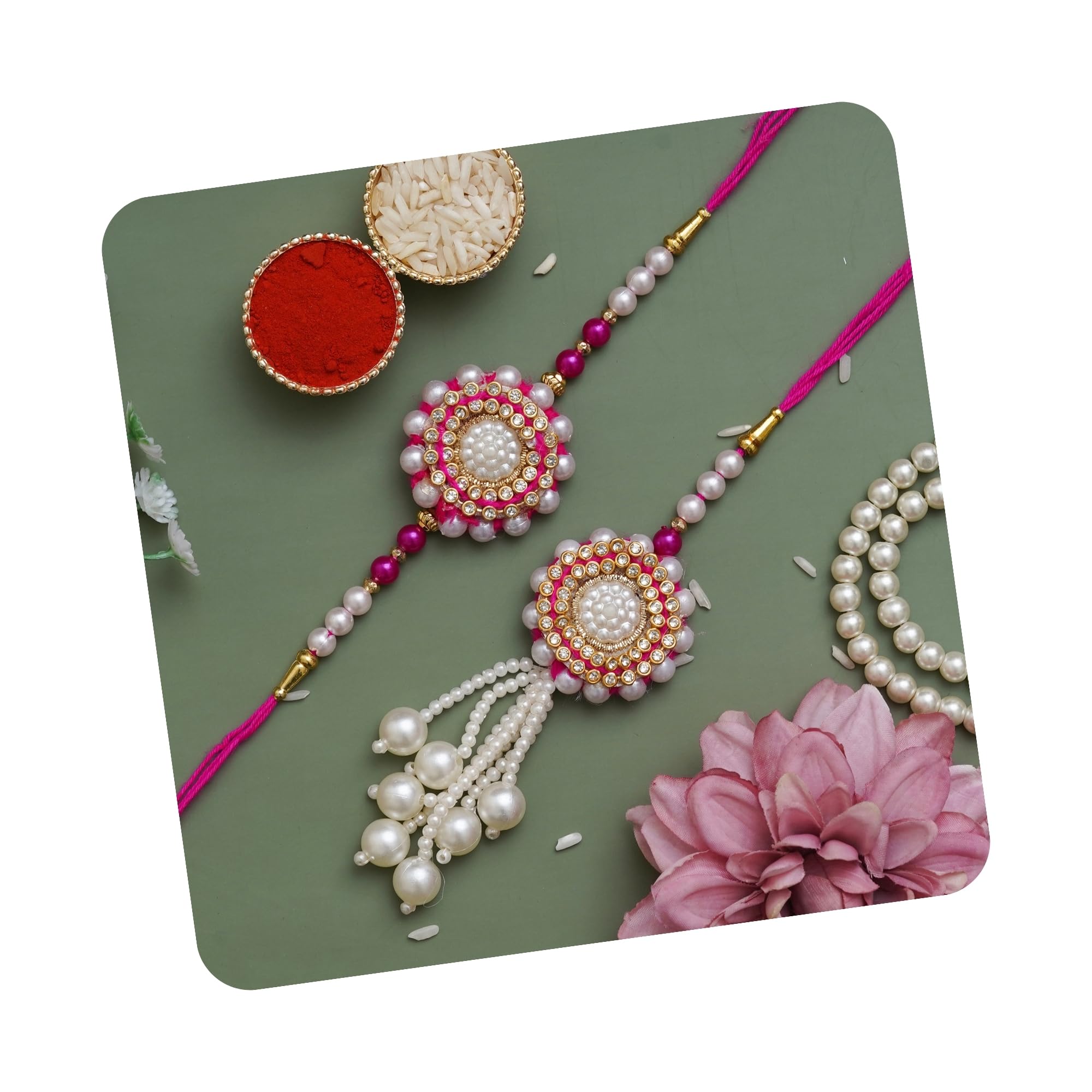 ecraftindia White, and Pink Beautiful Floral Designer Bhaiya Bhabhi Rakhi Set with Roli Chawal Pack - Rakhi for Brother, Bhaiya, Bhai - Lumba Rakhi for Bhabhi, Sister-picture-17