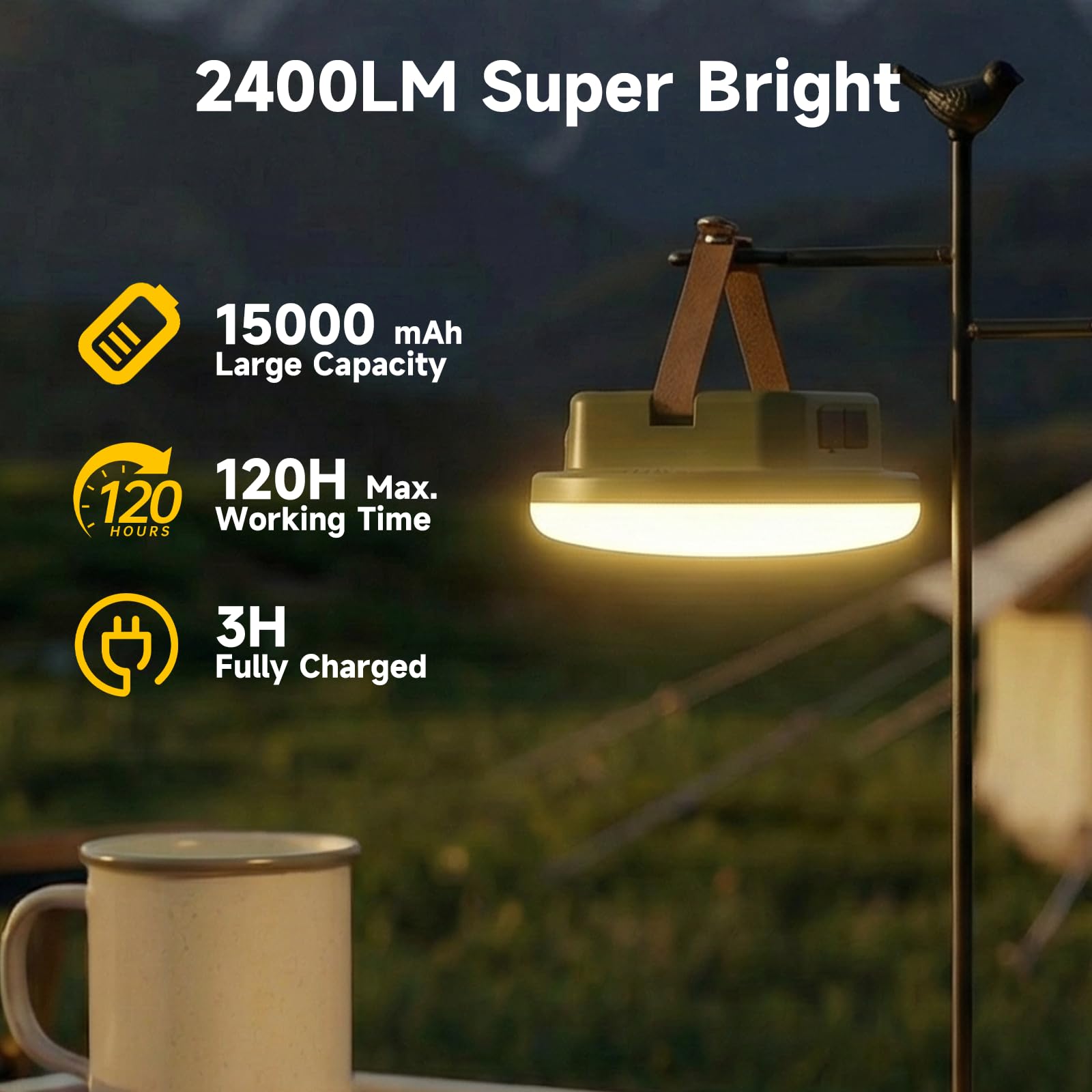 Solar Camping Laterne Wiederaufladbar mit Fernbedienung, 2400LM LED Zeltlicht 15000mAh Bis zu 120 Stunden Lebensdauer, Outdoor Wasserdichte Solarlaternen für Stromausfälle, Notfall, Camping, Wandern
