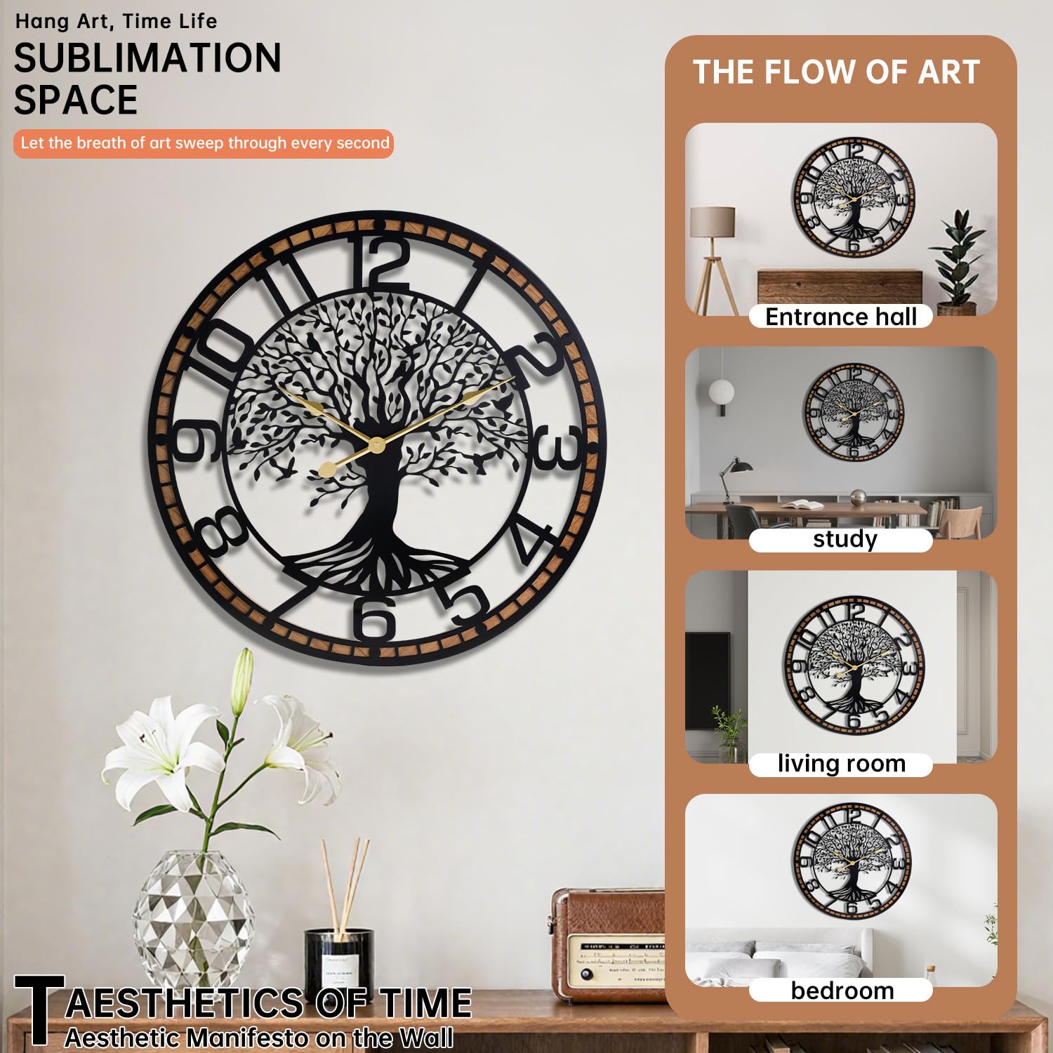 Reloj de pared grande y silencioso, 24 pulgadas, árbol de la vida, metal negro con marco de madera maciza, sin tictac, funciona con pilas, para sala de estar, oficina, dormitorio, cocina, accesorio