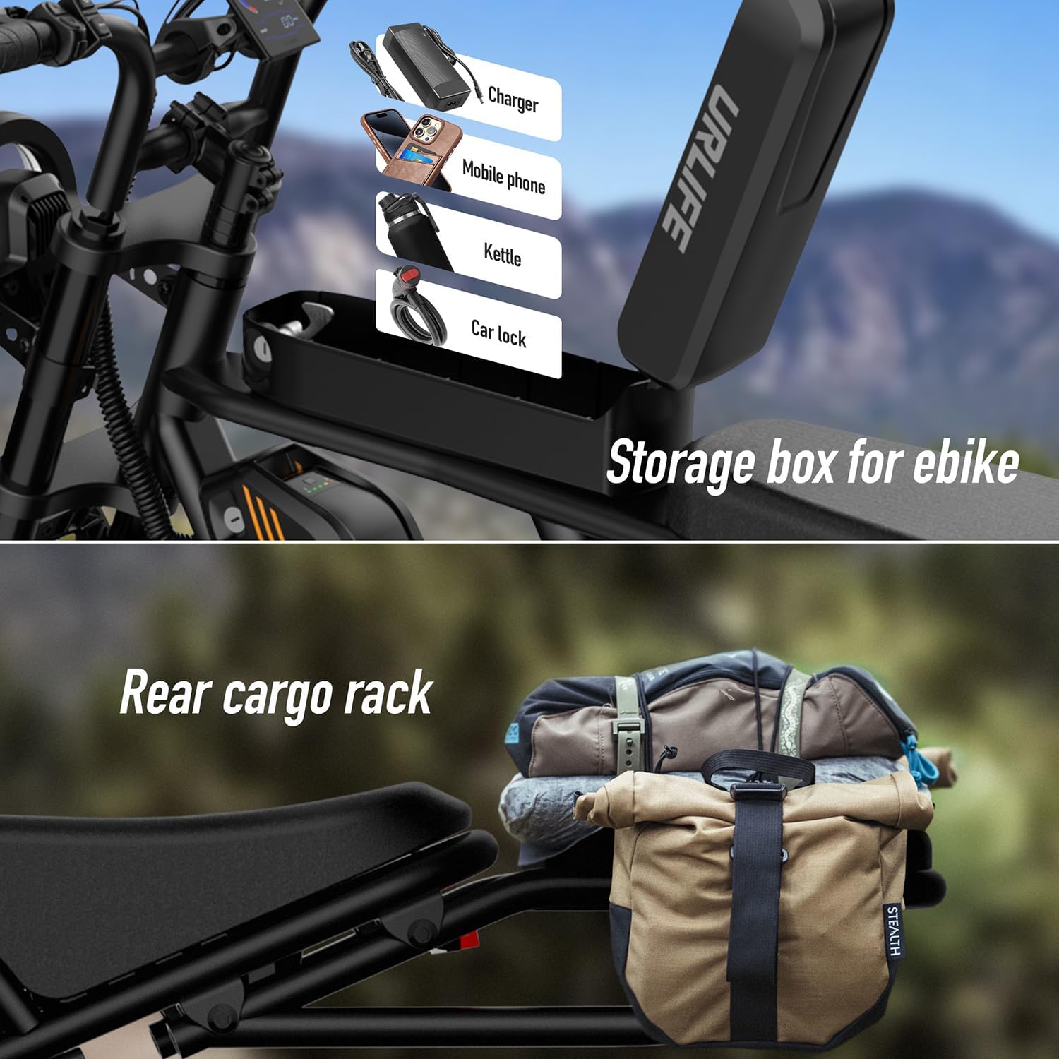 ഇന്റഗ്രേറ്റഡ് സ്റ്റോറേജ് ബോക്സ് കാണിക്കുന്ന ചിത്രം URLചാർജർ, മൊബൈൽ ഫോൺ, കെറ്റിൽ, കാർ ലോക്ക് എന്നിവയ്ക്കുള്ള ഐക്കണുകളും, ഒരു ബാഗോടുകൂടിയ ഓപ്ഷണൽ റിയർ കാർഗോ റാക്കിന്റെ പ്രത്യേക ചിത്രവും ഉള്ള IFE ഇലക്ട്രിക് ബൈക്ക്.