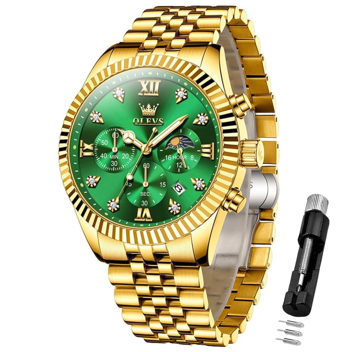 OLEVS Watch for Men Analog Quartz Stainless Steel Moon Phase Calendar Chronograph Diamond Watches Waterproof Wrist Watch Luminous Two Tone&Gold Green (B0D7VH4X76) Amazon Price History, Amazon Price Tracker