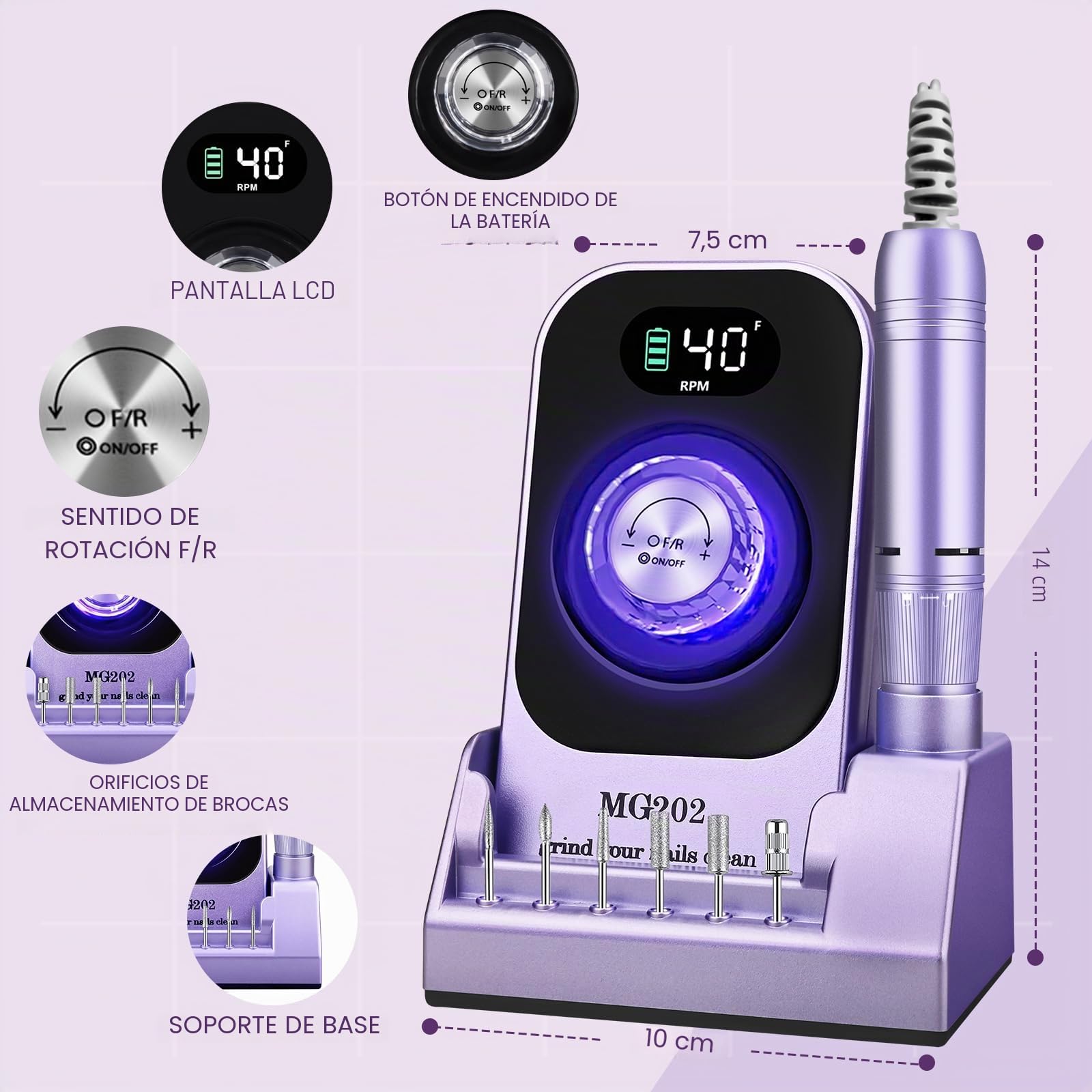 Taladro de uñas profesional 40000 RPM, Urbuti 12 en 1 Lima de uñas eléctrica 4000 mAh con pantalla LCD, velocidad ajustable, silencioso, taladro de manicura portátil para salón/hogar (púrpura)