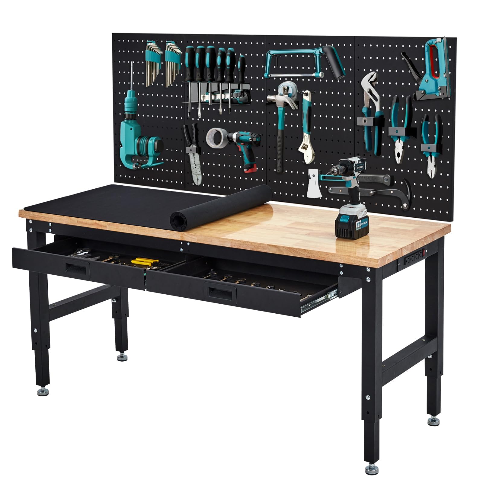 Photo 1 of (appears incomplete)(see images)  Adjustable Workbench, 3000 Lbs Capacity Heavy-Duty Work Bench Table with Power Outlet & Pegboard, Rubber Wood Top Garage Work Table with 2 Drawers & Pegboard for Workshop, Garage, Office