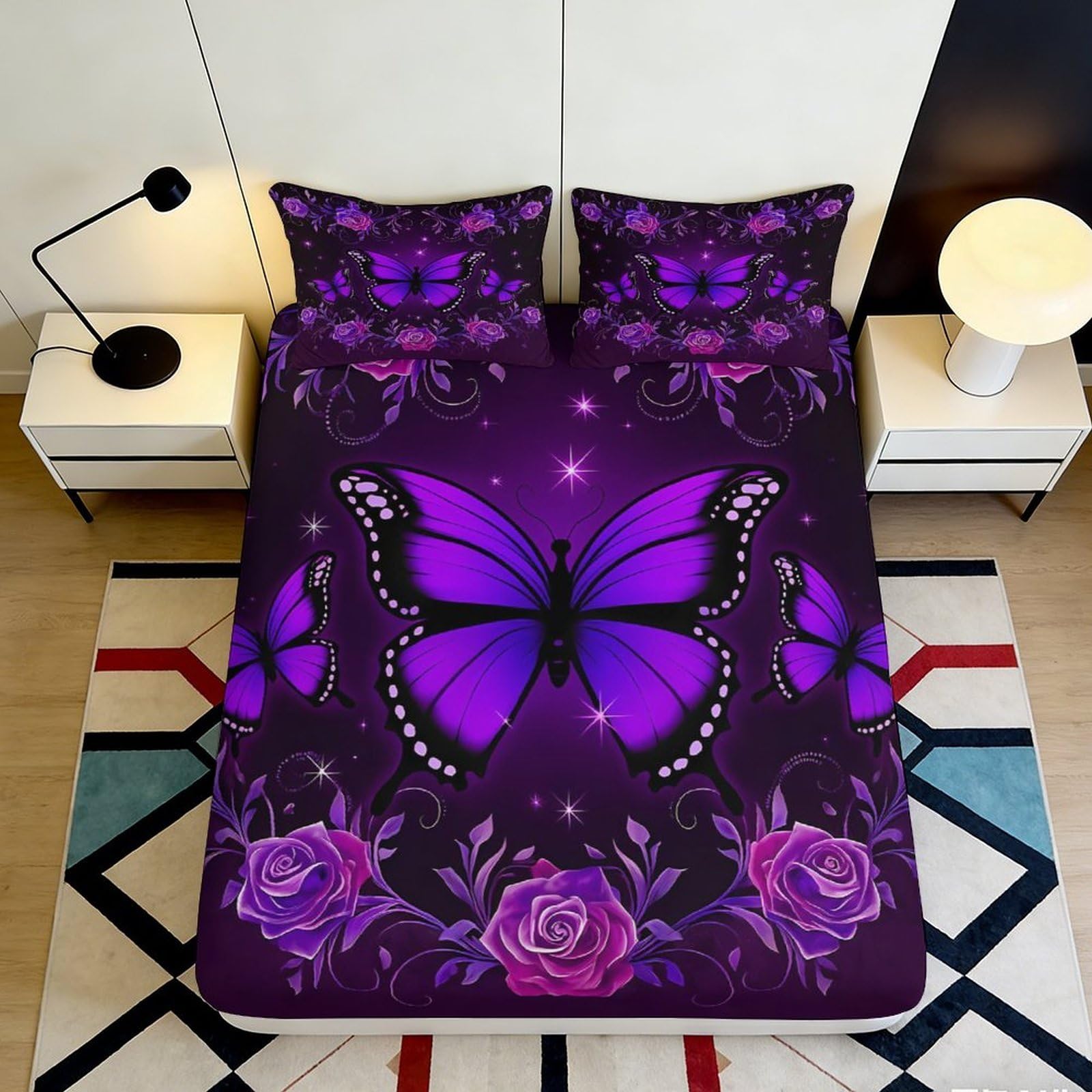 Vivid 3D Printed Butterfly Fitted Sheet Purple Floral Microfiber Soft Touch, Wrinkle Resistant, Bedroom Bed Cover for Apartment Bedding, Guest Room 90x200x25cm