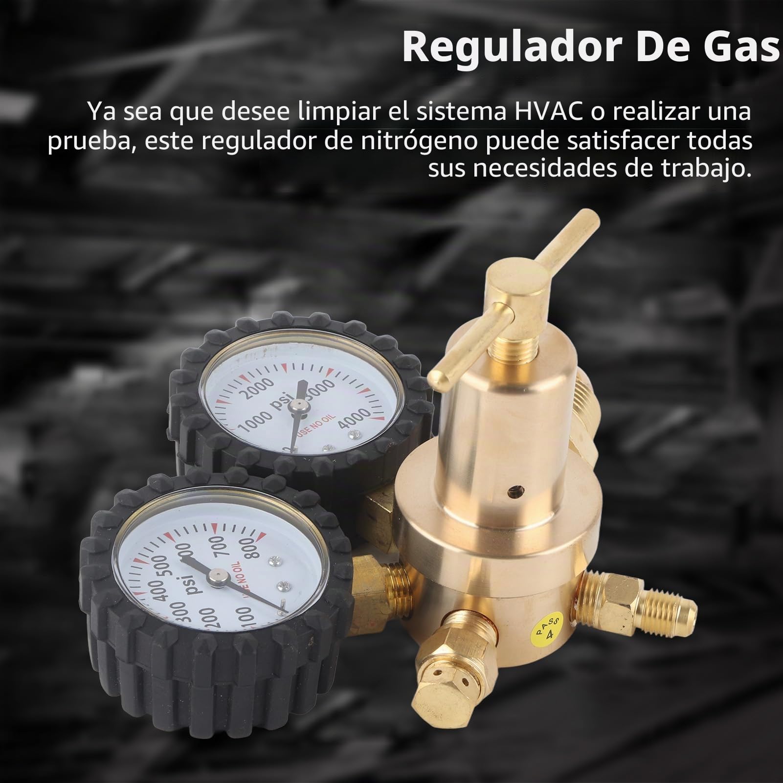 Regulador de Nitrógeno Doble Calibre, 0-800 PSI, Latón, Alta Precisión, para Cilindros de Gas, 16,5 cm