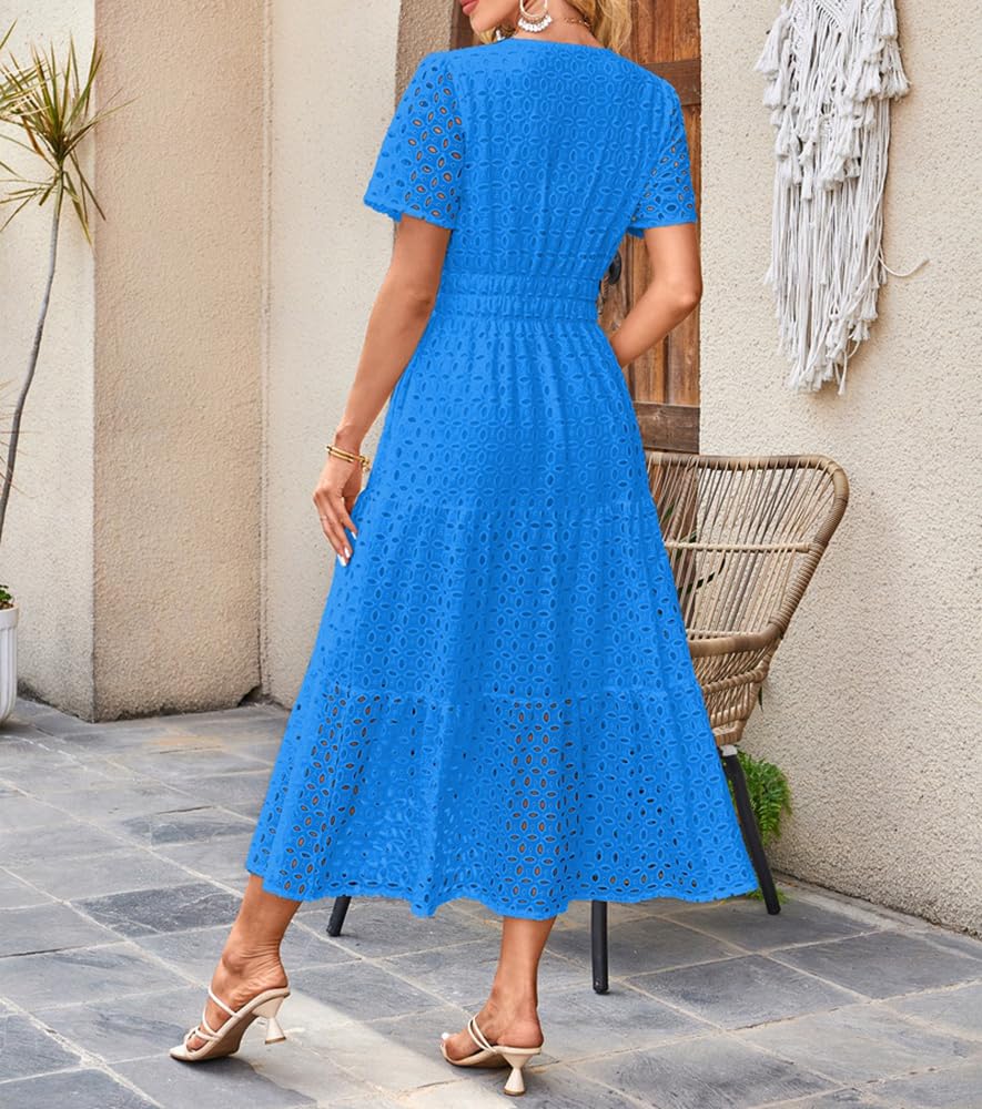 Vestido Largo de Verano de Manga Corta para Mujer, Informal, con Escote en V, Aberturas, Ojales, Cintura Alta, Volantes, Corte A, Fluido