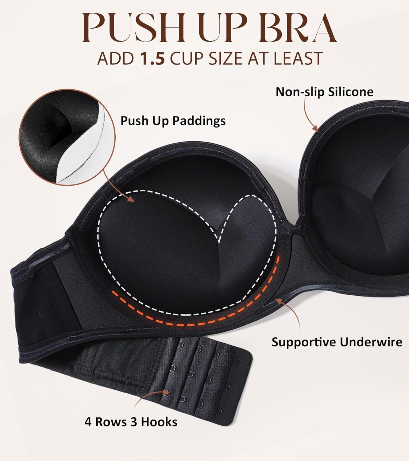 Lemorosy Strapless Push Up Bras for Women Underwire Thick Padded Multiway Convertible Everyday Bra - Image 3