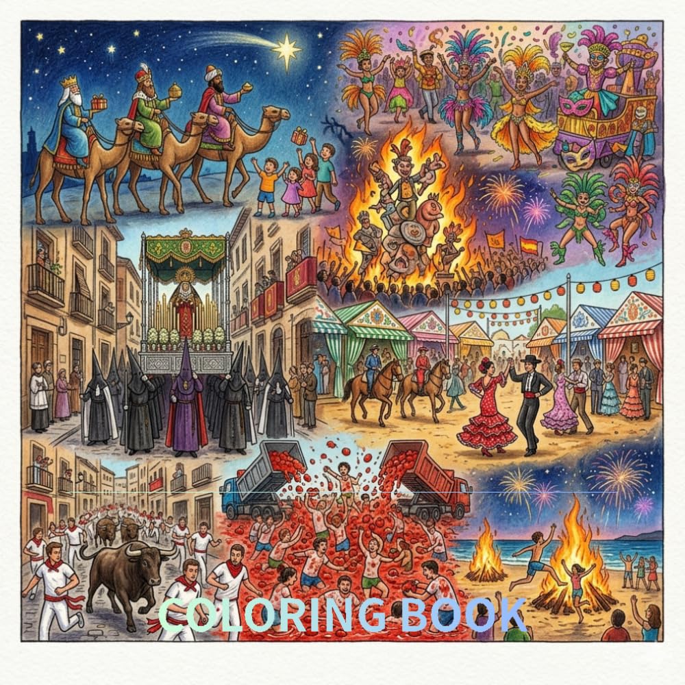 Beautifully hand-drawn coloring book that brings to life the vibrant and exciting festivals of Spain: A Cultural Coloring Book of Spanish Festivals, Traditions, and Celebrations for Kids and Adults