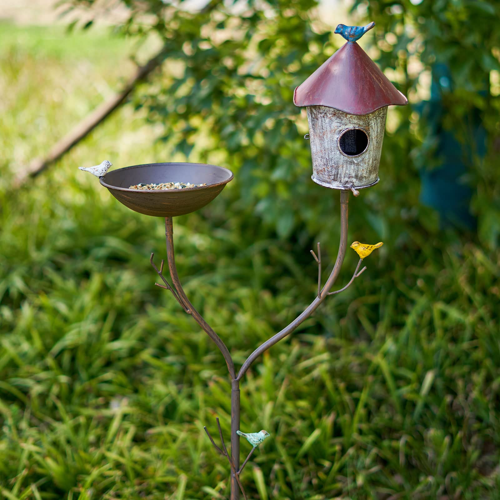 Vogeltränke und Vogelhäuser mit Stange, Distressed Metall Vogeltränke Schale und Vogelhaus Pfahl für Outdoor Garten Hof Dekoration (Vogelbäder/Vogelhäuser-A)