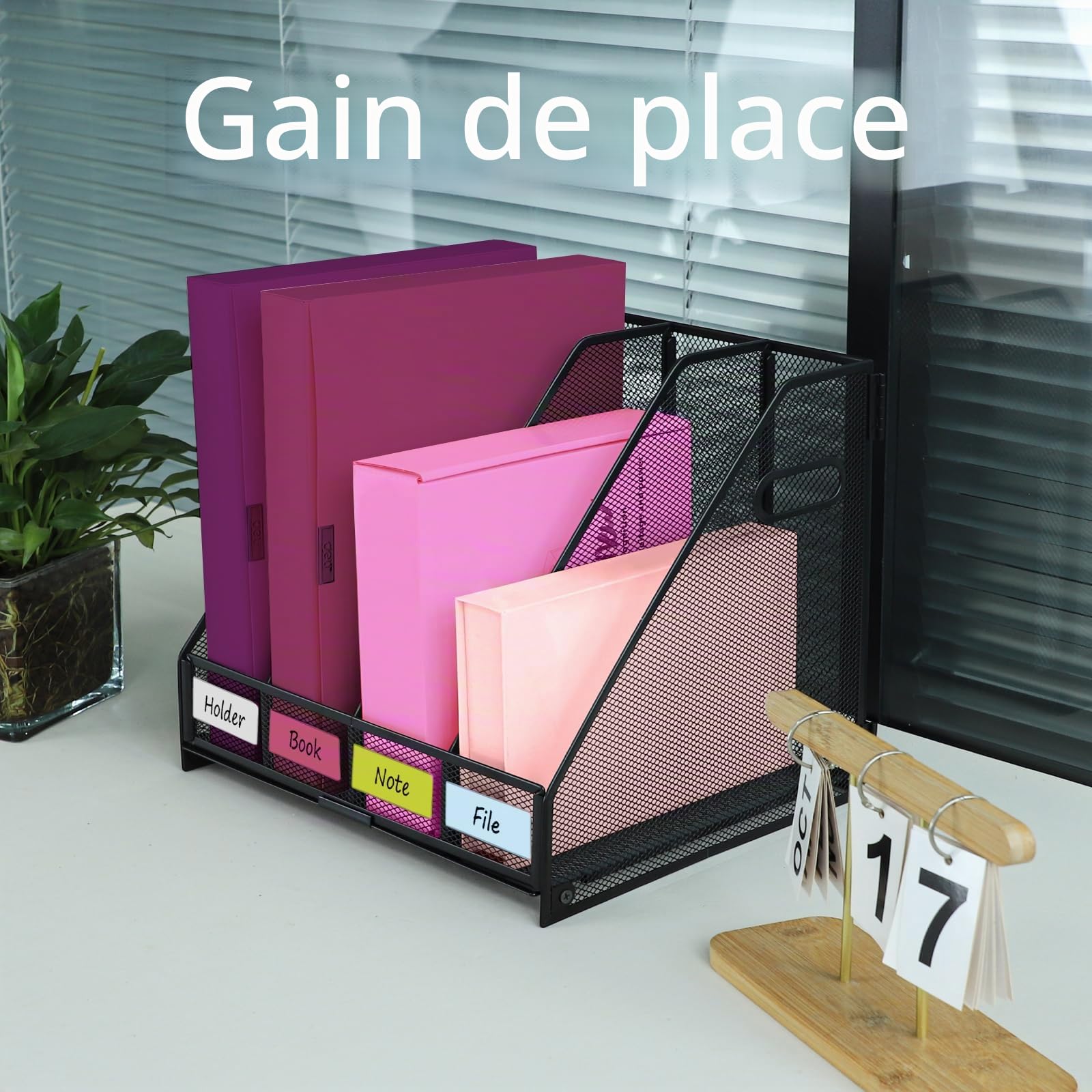 Porte-revues pliable en Métal robuste - Vertical Corbeilles à Courrier A4 Banette de Rangement, Classeur sur pied peu encombrant avec 4 compartiments pour le bureau et la maison, Noir